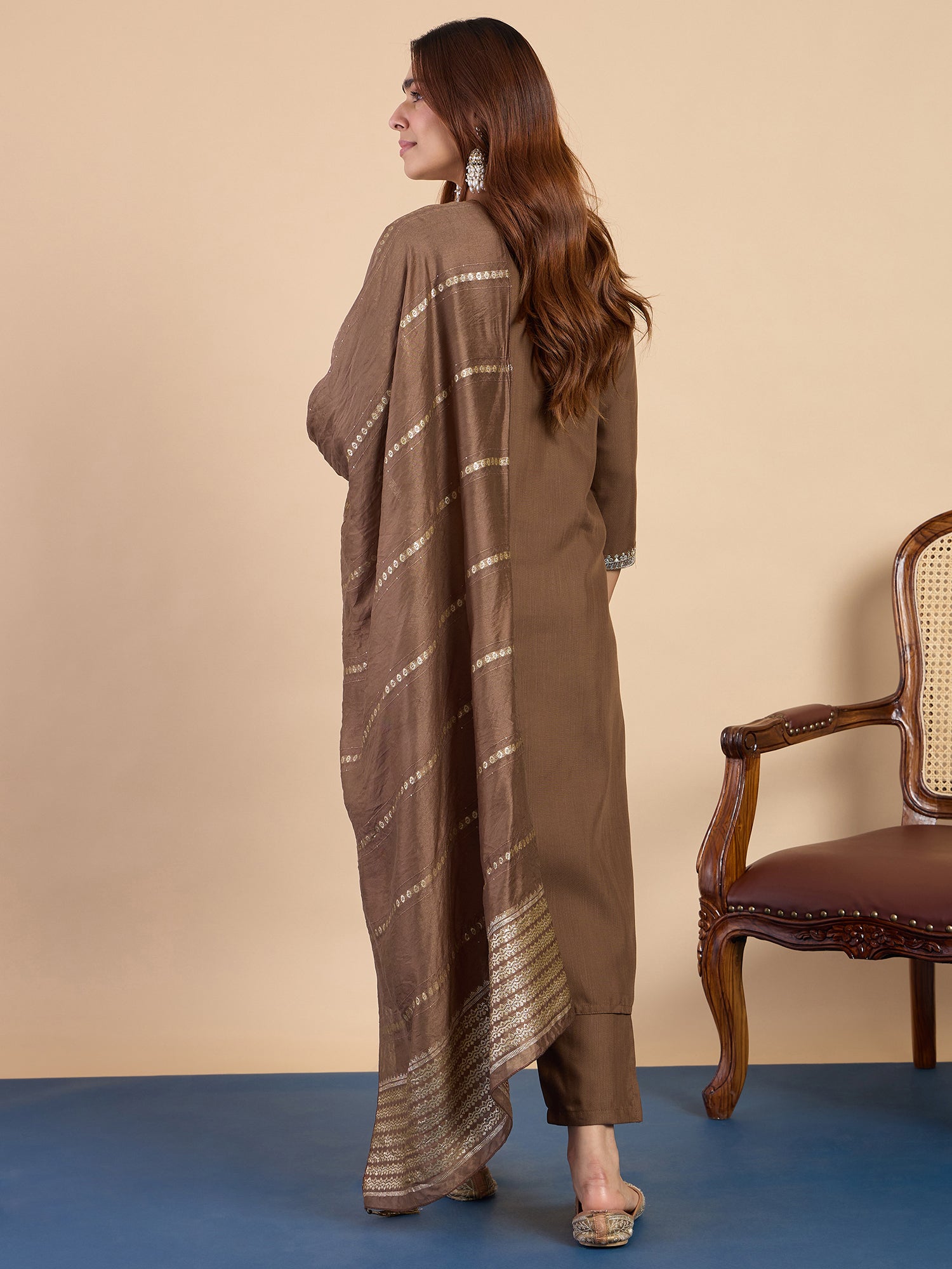 Mehak Women's Brown Embroidered Yoke Design Straight Kurta Set with Dupatta