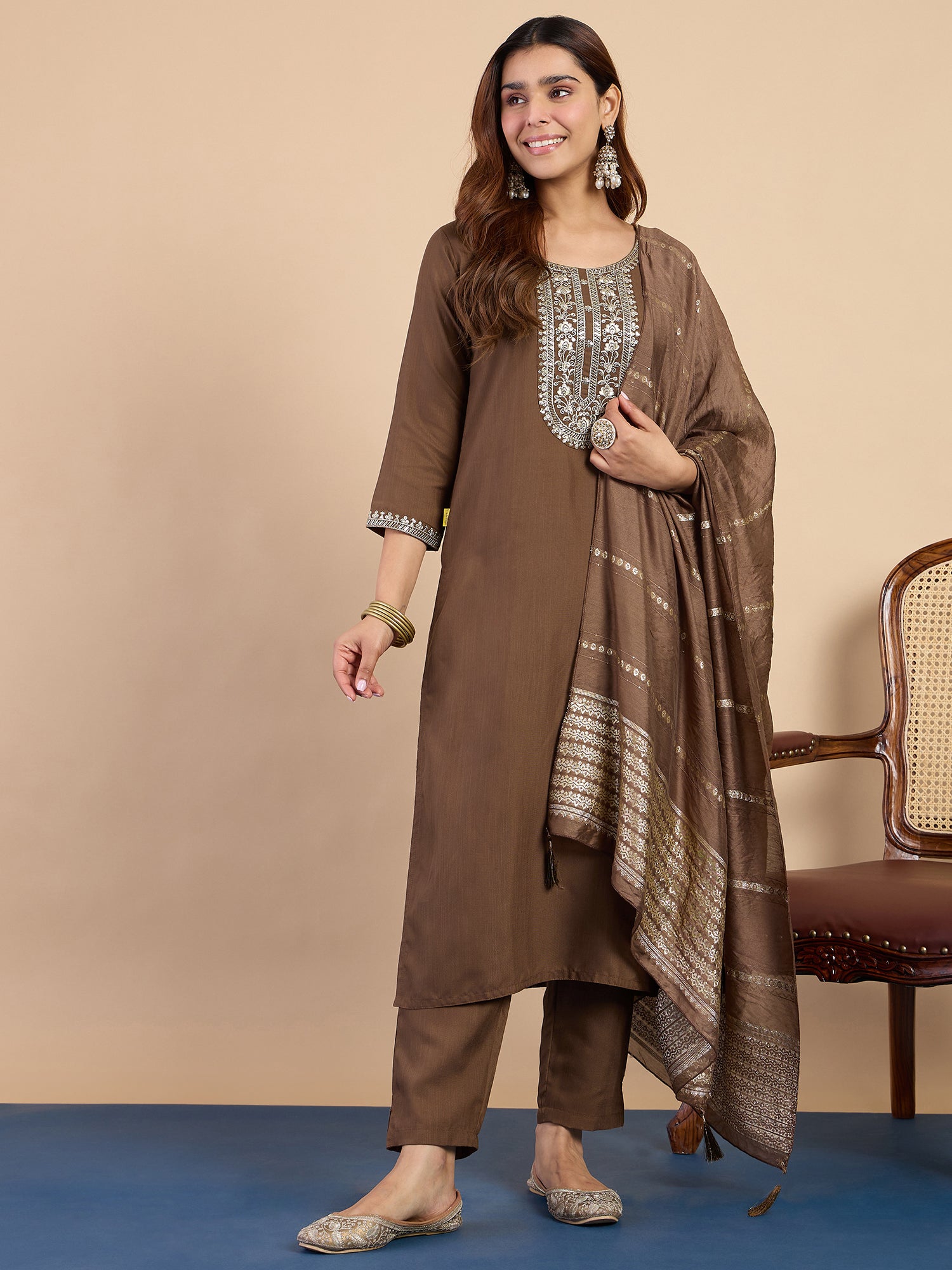 Mehak Women's Brown Embroidered Yoke Design Straight Kurta Set with Dupatta