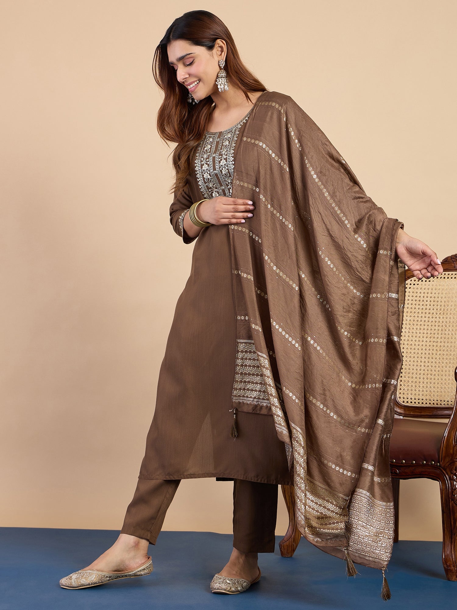 Mehak Women's Brown Embroidered Yoke Design Straight Kurta Set with Dupatta