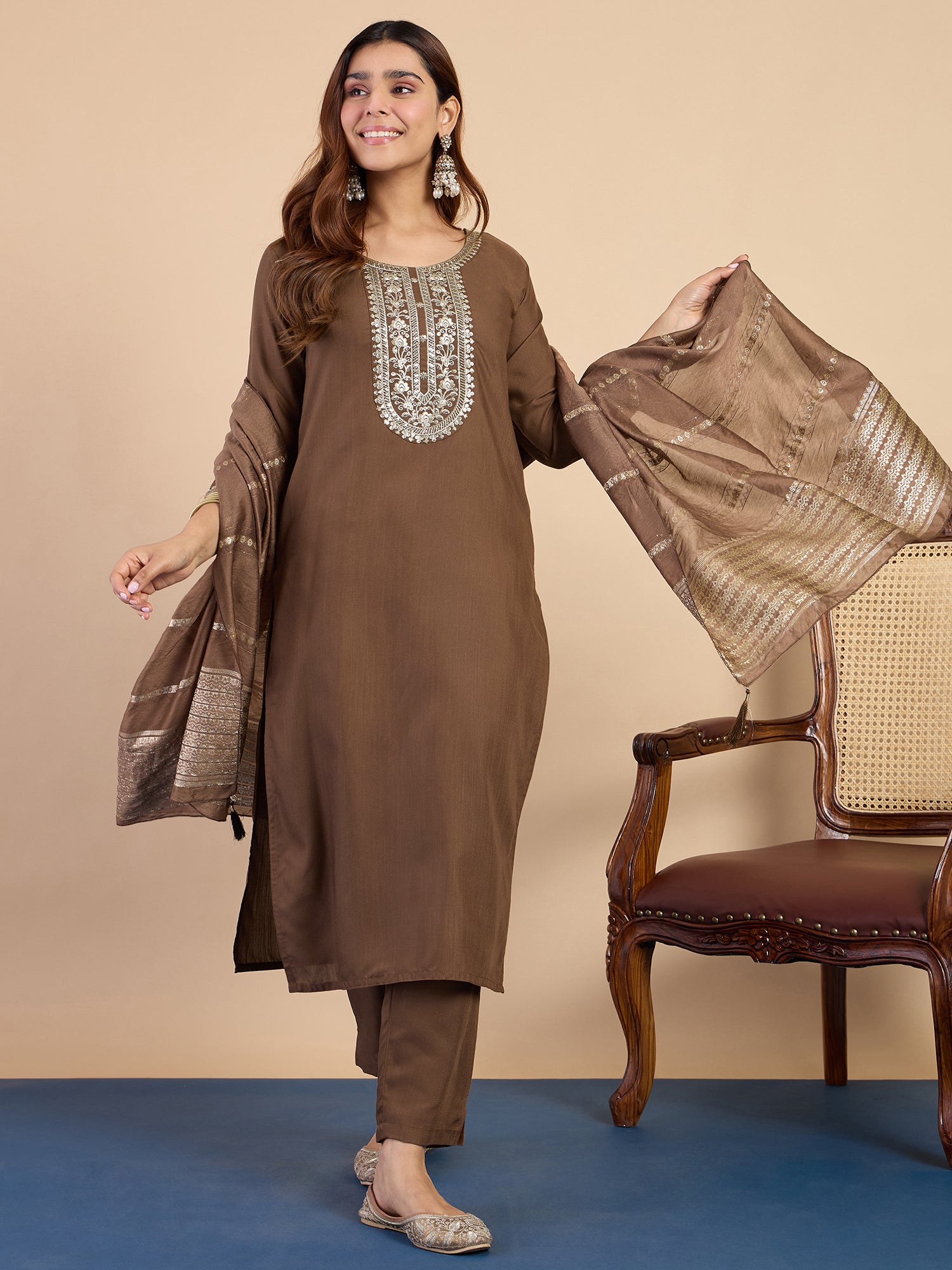 Mehak Women's Brown Embroidered Yoke Design Straight Kurta Set with Dupatta
