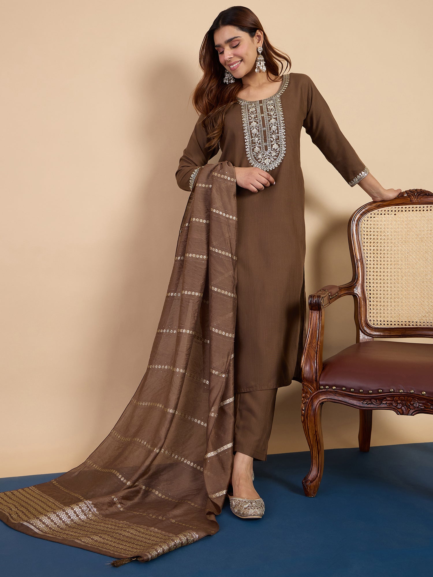 Mehak Women's Brown Embroidered Yoke Design Straight Kurta Set with Dupatta