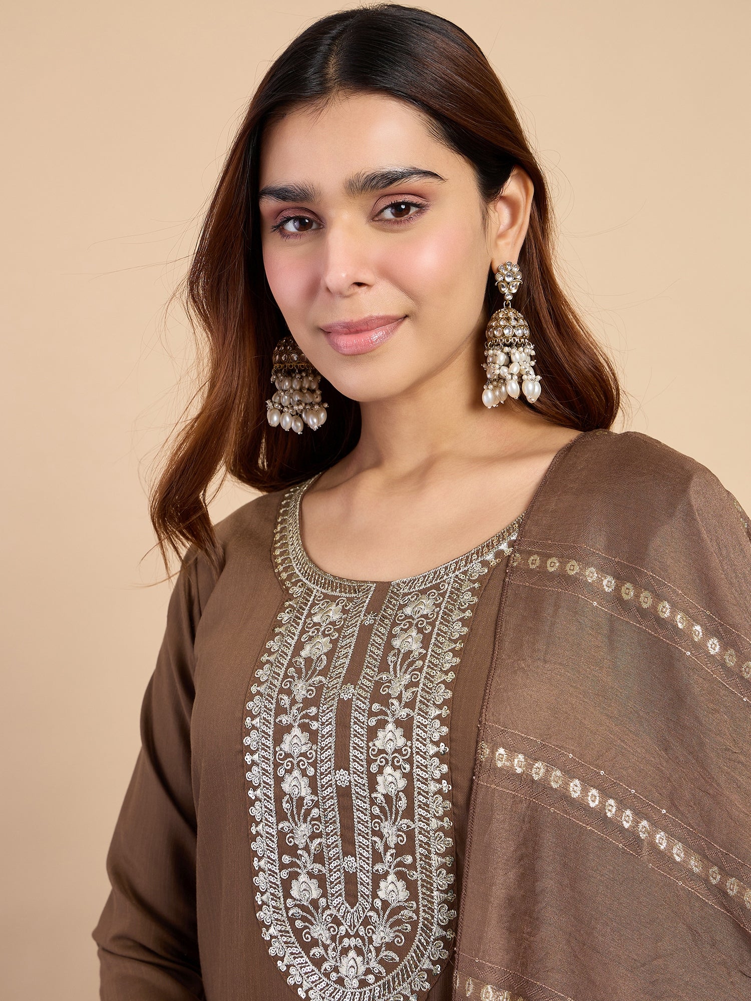 Mehak Women's Brown Embroidered Yoke Design Straight Kurta Set with Dupatta