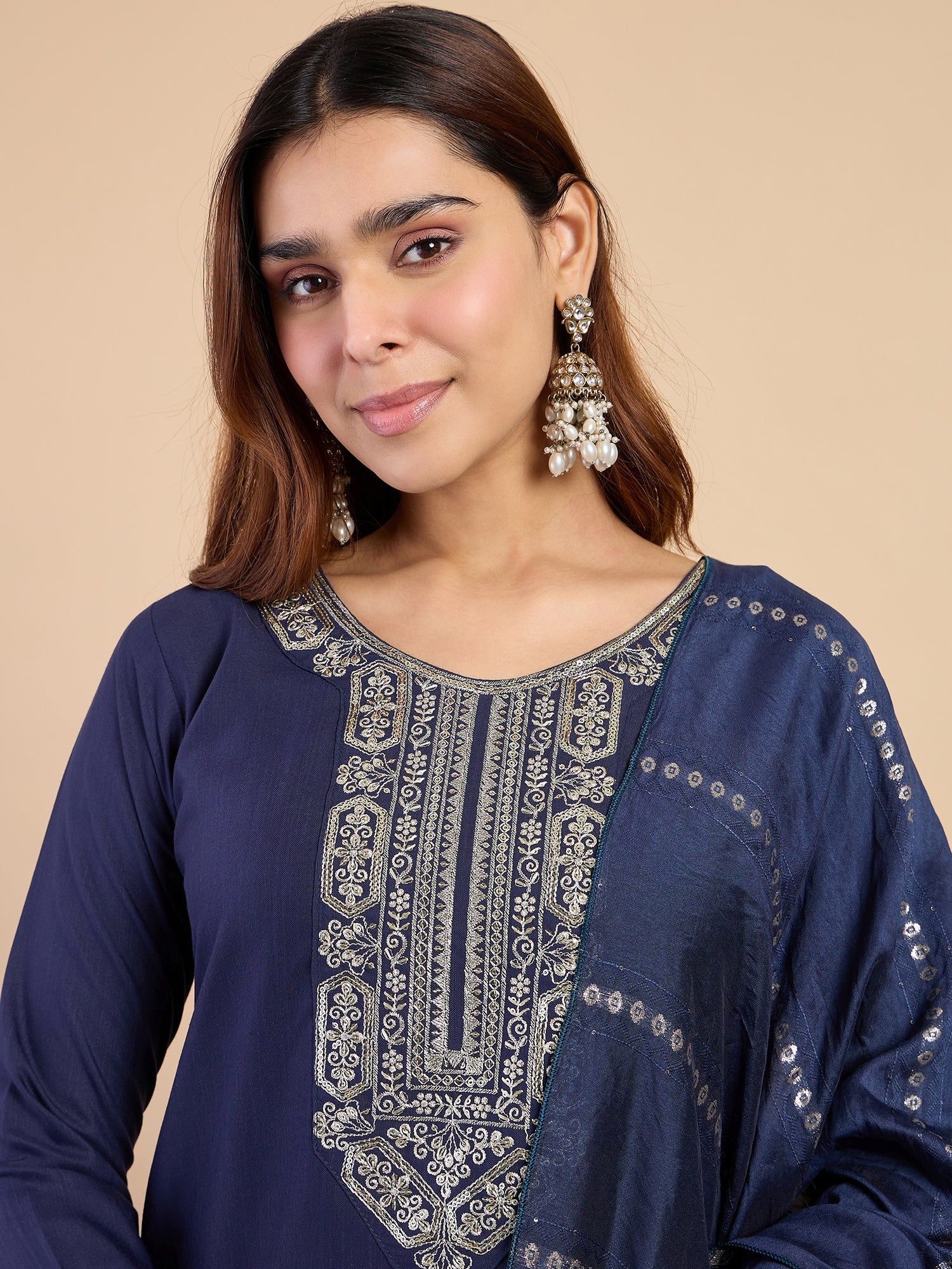 Kavya Women's Navy Blue Silk Blend Embroidered Yoke Kurta Set with Zari Work Dupatta