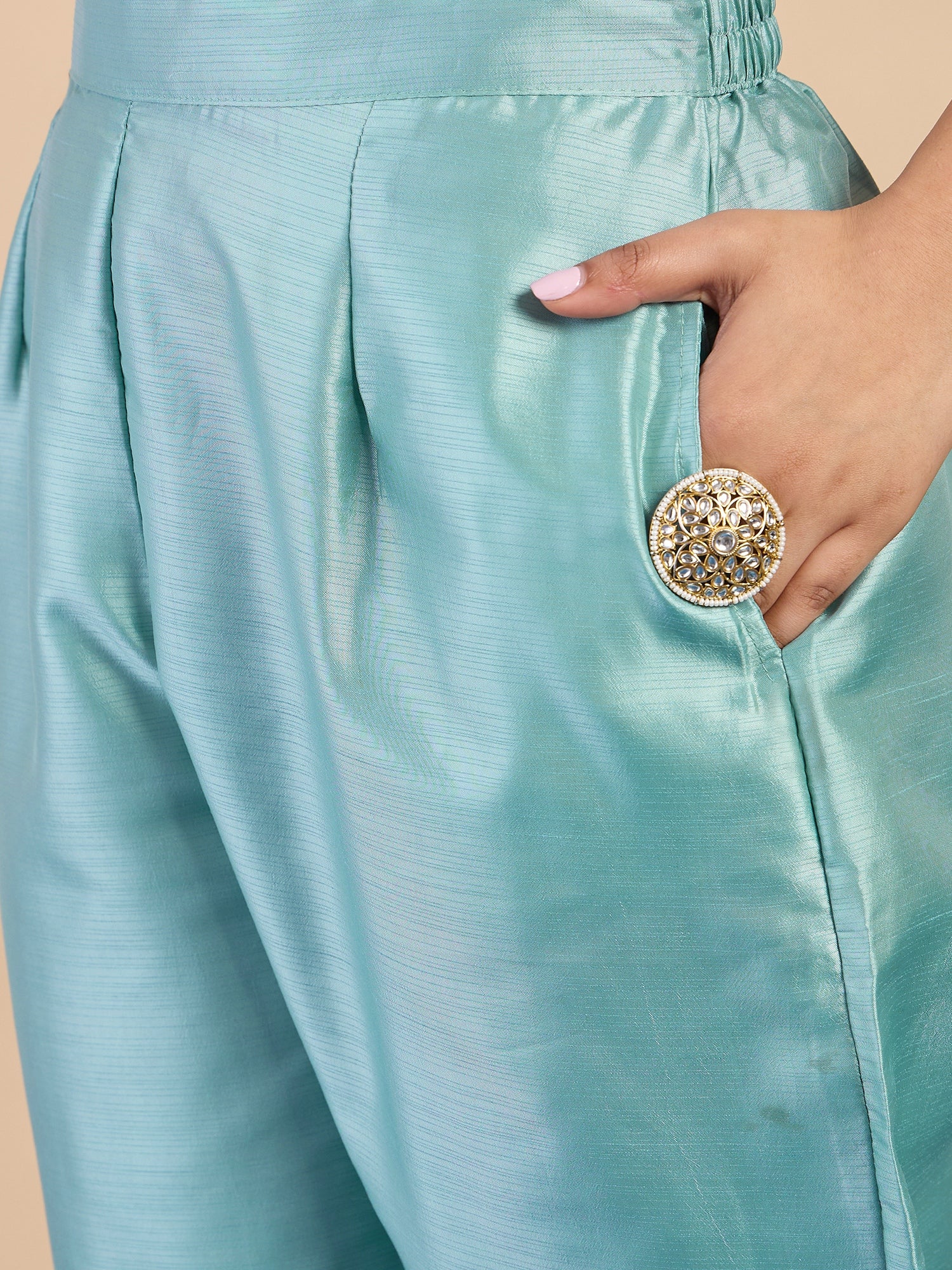 Myra Women's Sky Blue Festive Embroidered Yoke Straight Kurta Pant Set