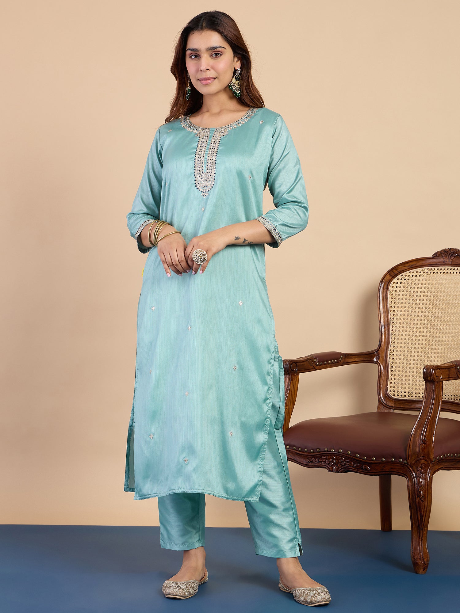 Myra Women's Sky Blue Festive Embroidered Yoke Straight Kurta Pant Set
