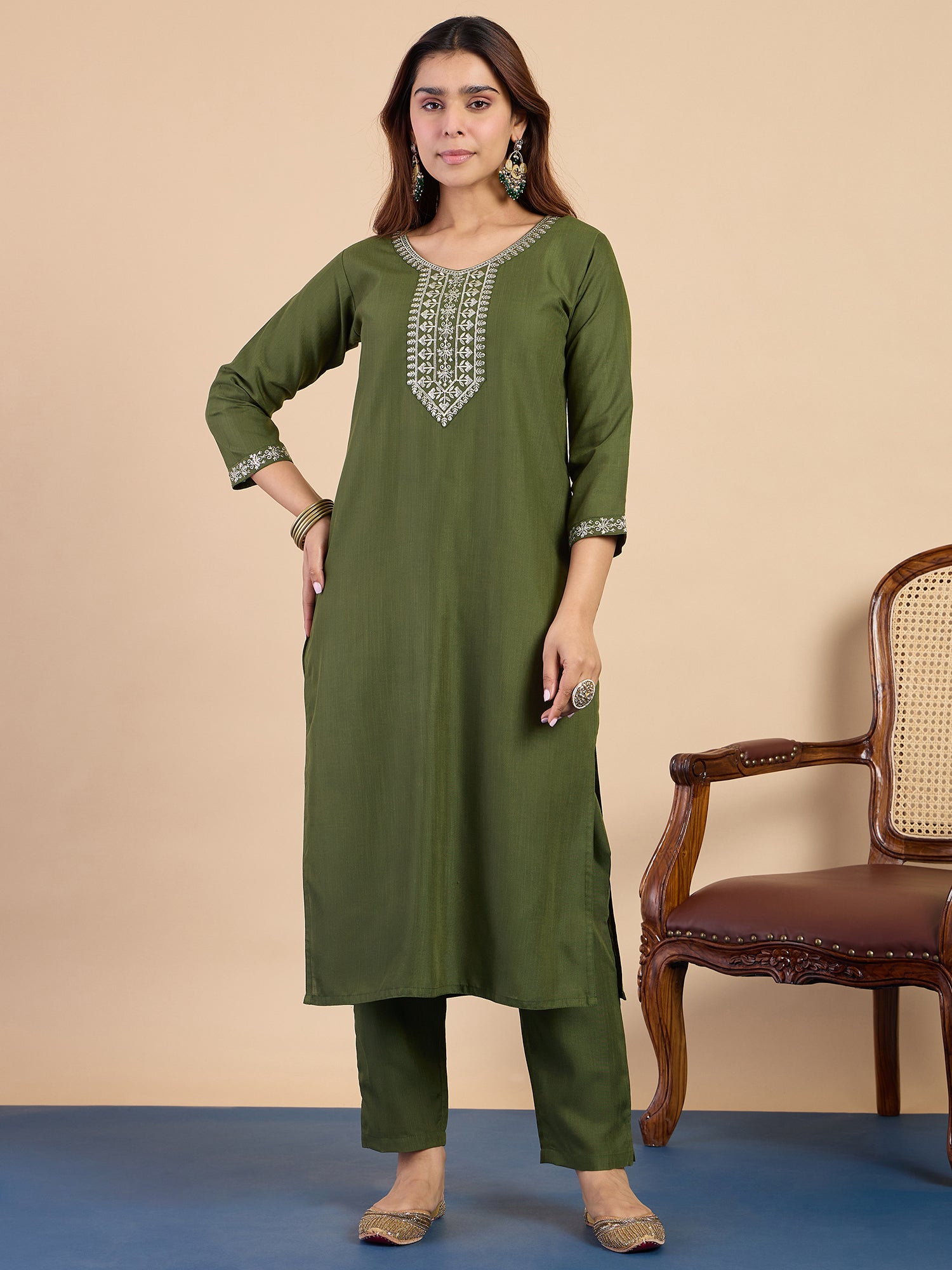 Avani Women's Mehendi Green Festive Embroidered Yoke Straight Kurta Set