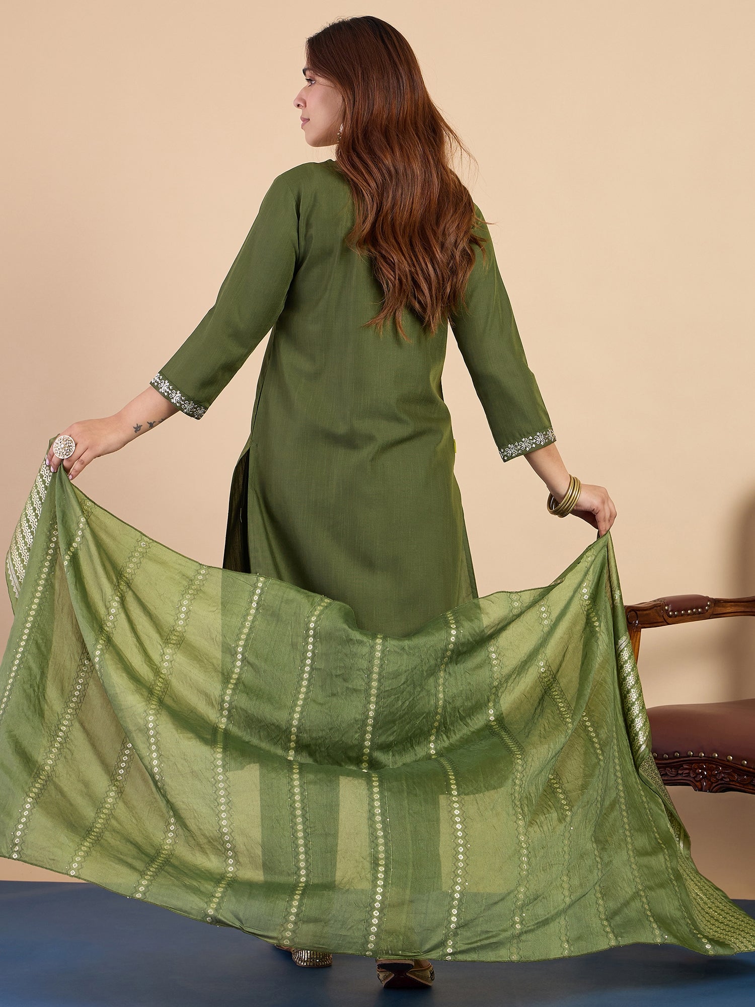 Avani Women's Mehendi Green Festive Embroidered Yoke Straight Kurta Set