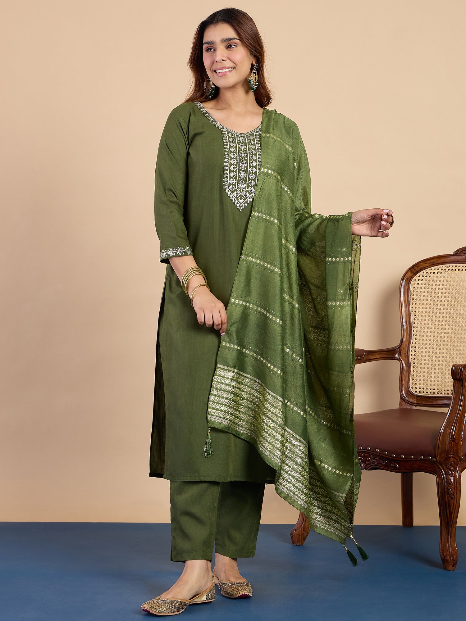 Avani Women's Mehendi Green Festive Embroidered Yoke Straight Kurta Set