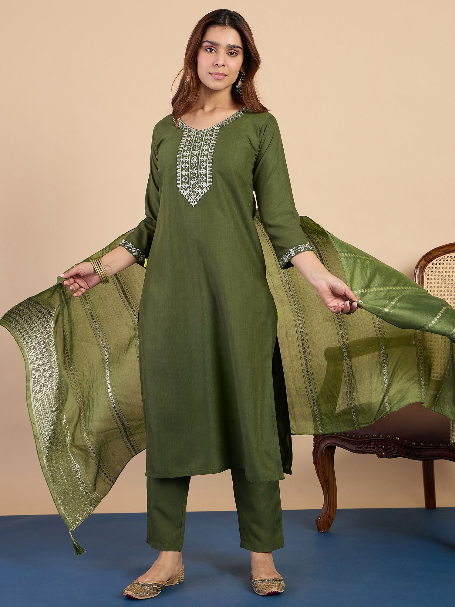 Avani Women's Mehendi Green Festive Embroidered Yoke Straight Kurta Set
