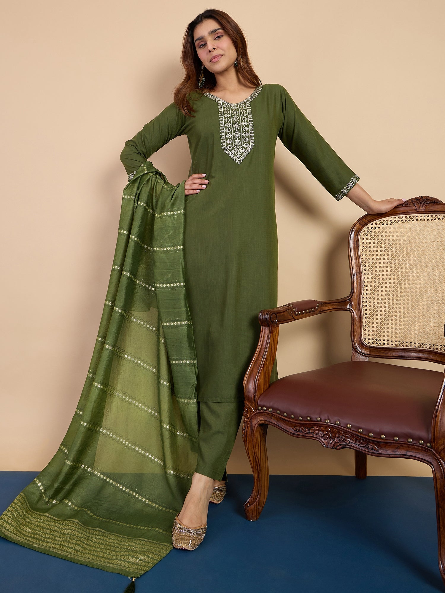 Avani Women's Mehendi Green Festive Embroidered Yoke Straight Kurta Set