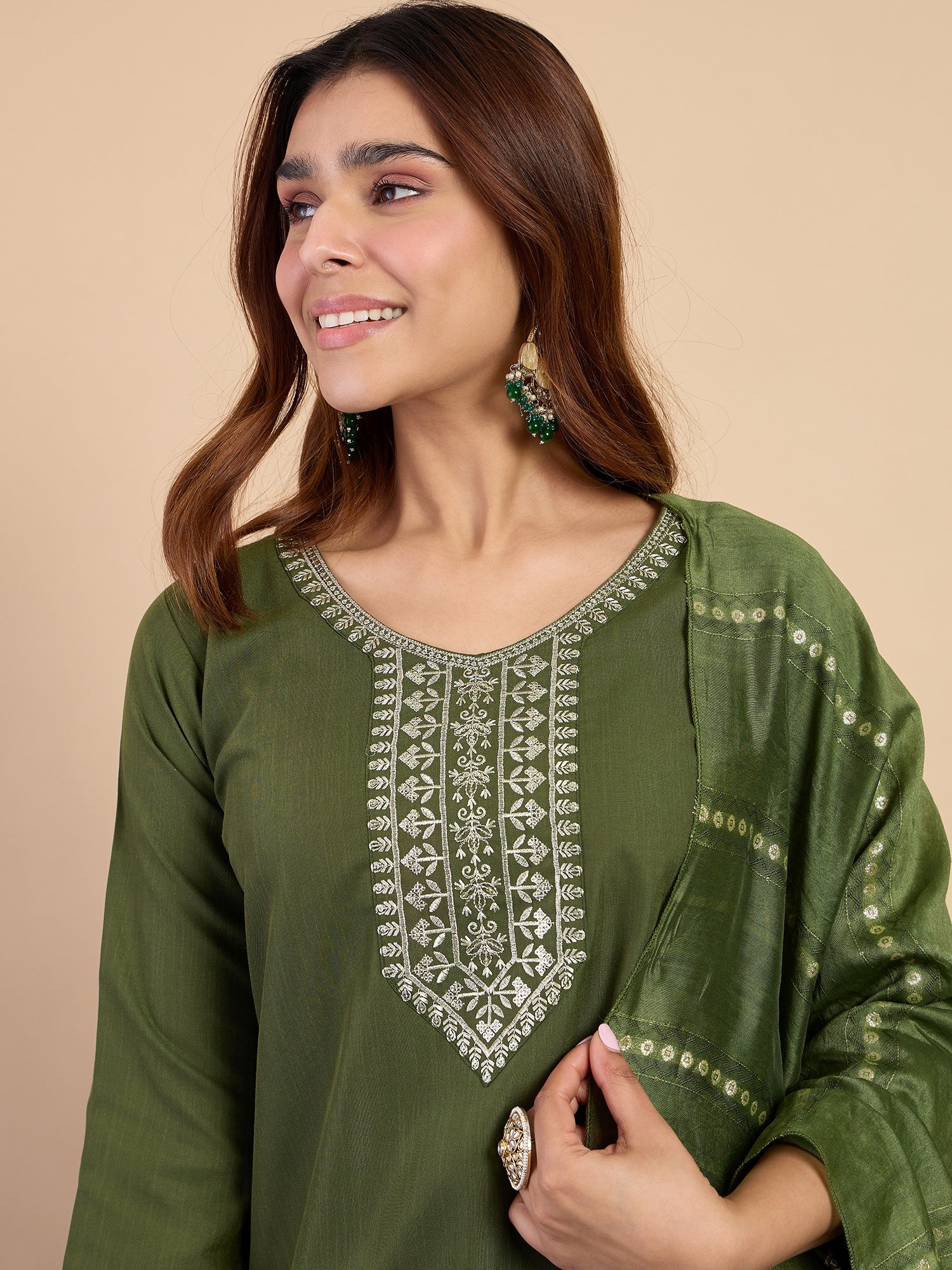Avani Women's Mehendi Green Festive Embroidered Yoke Straight Kurta Set