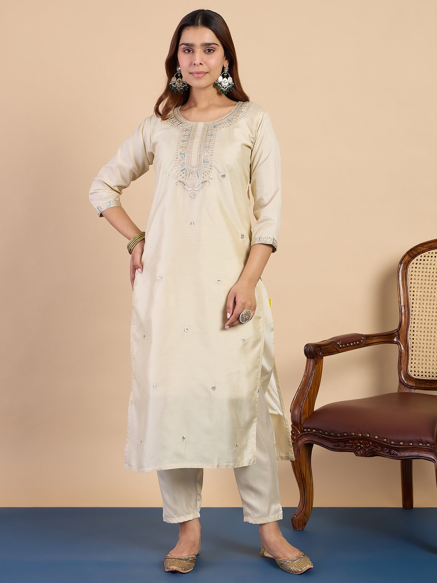 Kavya Women's Cream Festive Kurta Set with Turquoise Zari Striped Dupatta
