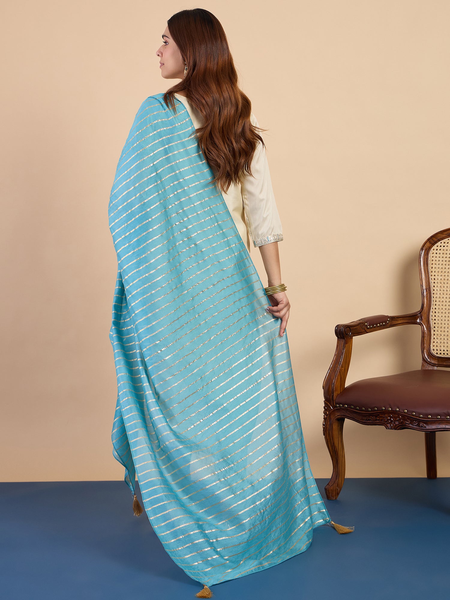 Kavya Women's Cream Festive Kurta Set with Turquoise Zari Striped Dupatta