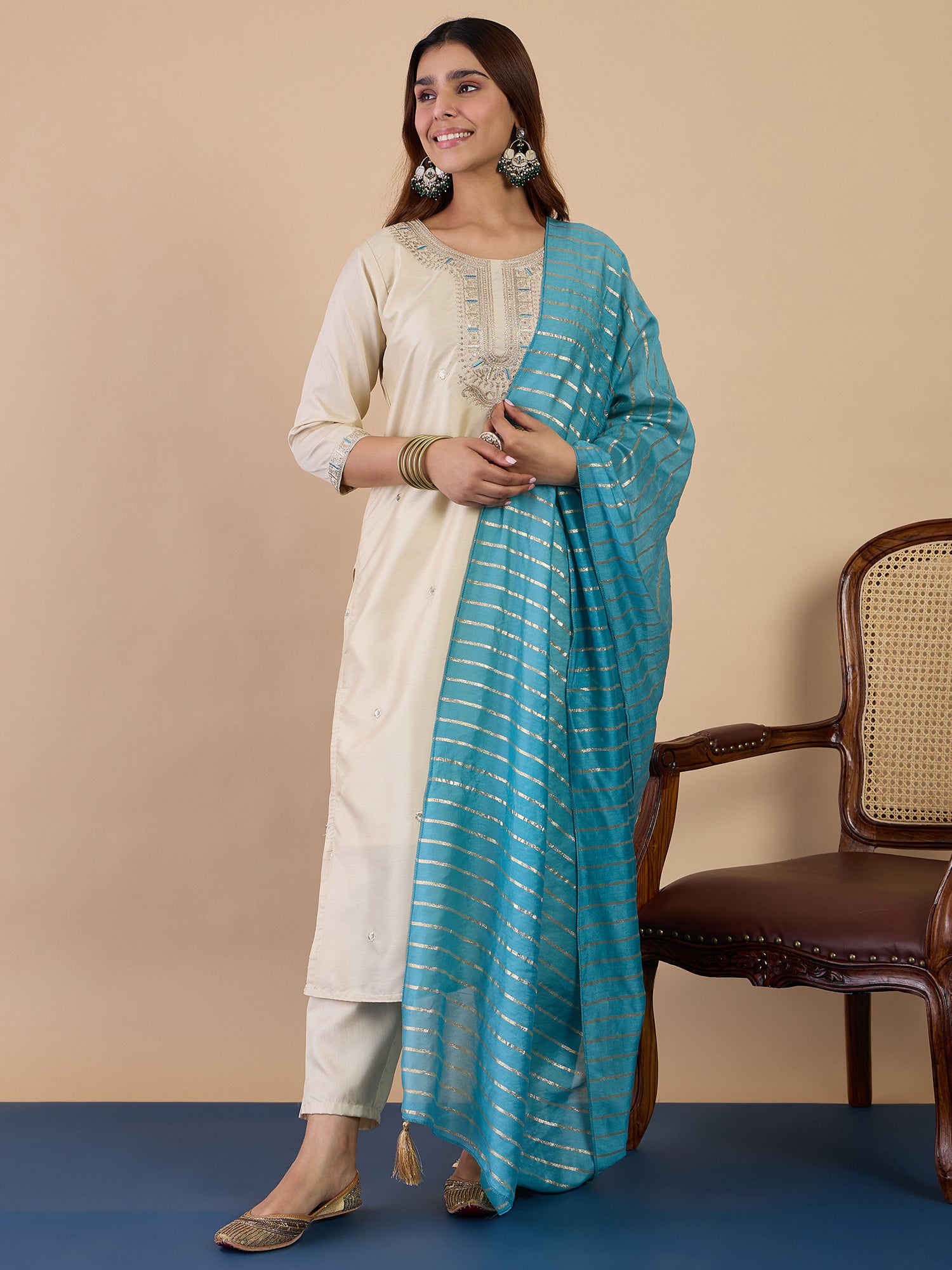 Kavya Women's Cream Festive Kurta Set with Turquoise Zari Striped Dupatta