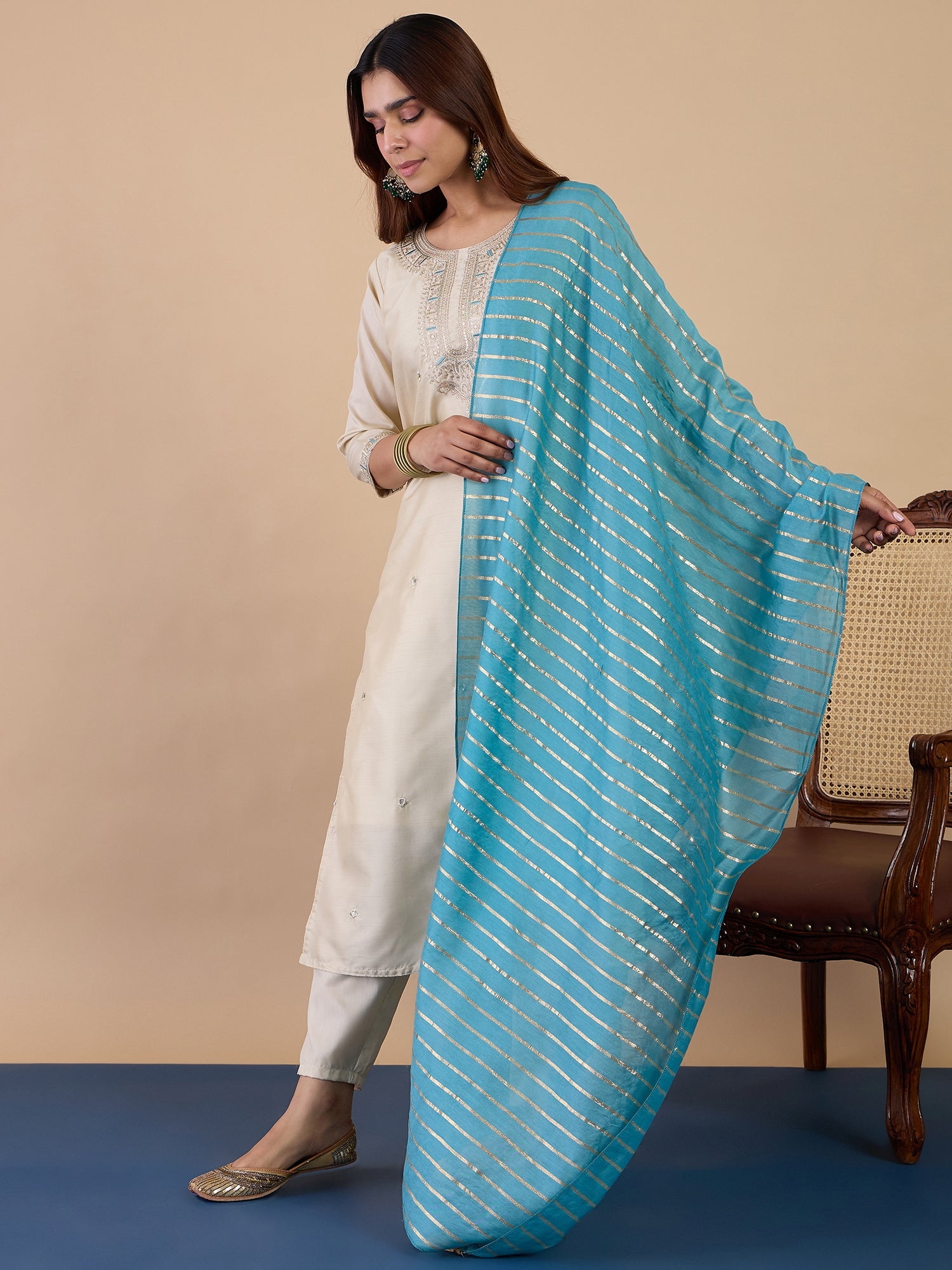 Kavya Women's Cream Festive Kurta Set with Turquoise Zari Striped Dupatta