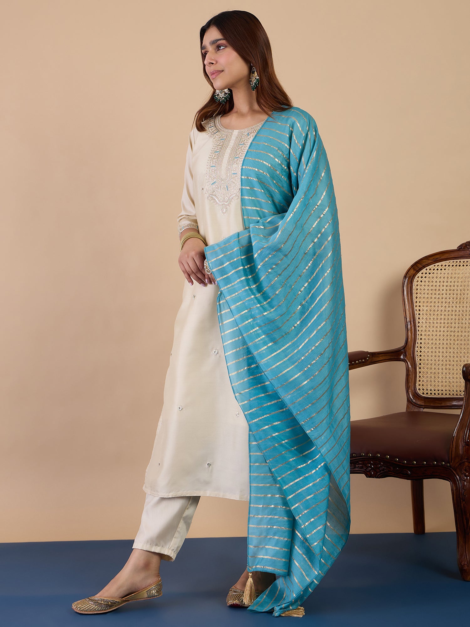 Kavya Women's Cream Festive Kurta Set with Turquoise Zari Striped Dupatta