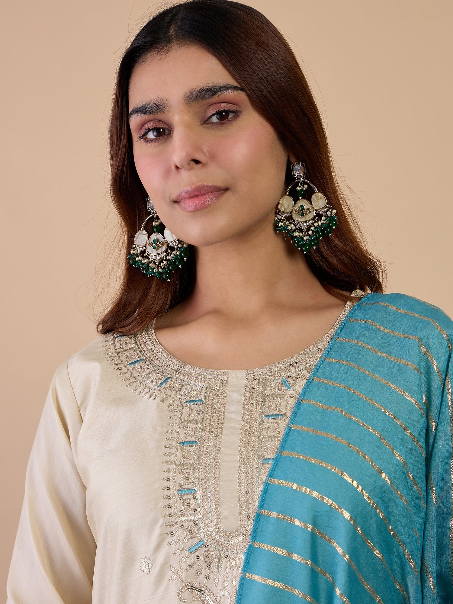 Kavya Women's Cream Festive Kurta Set with Turquoise Zari Striped Dupatta
