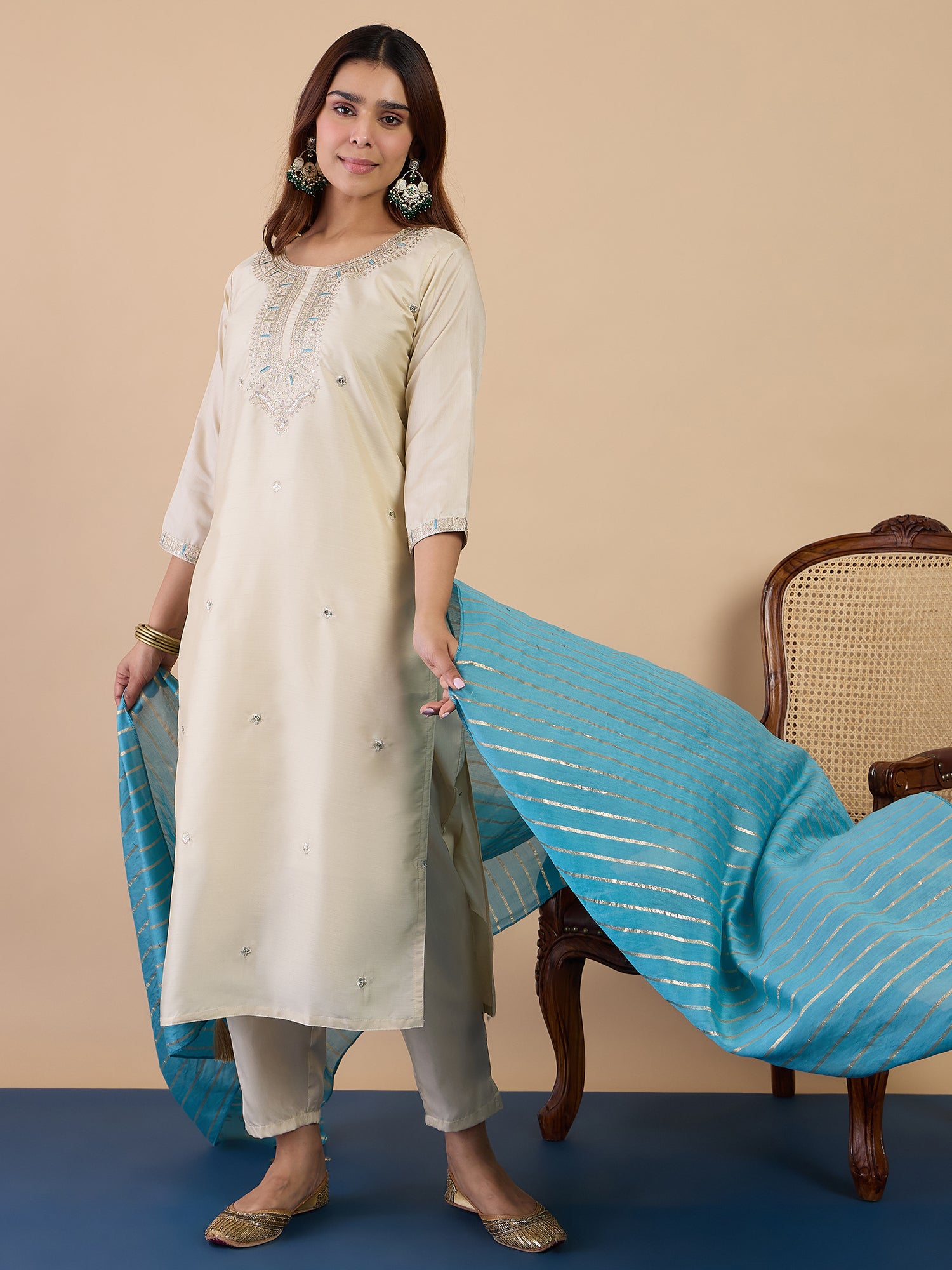 Kavya Women's Cream Festive Kurta Set with Turquoise Zari Striped Dupatta