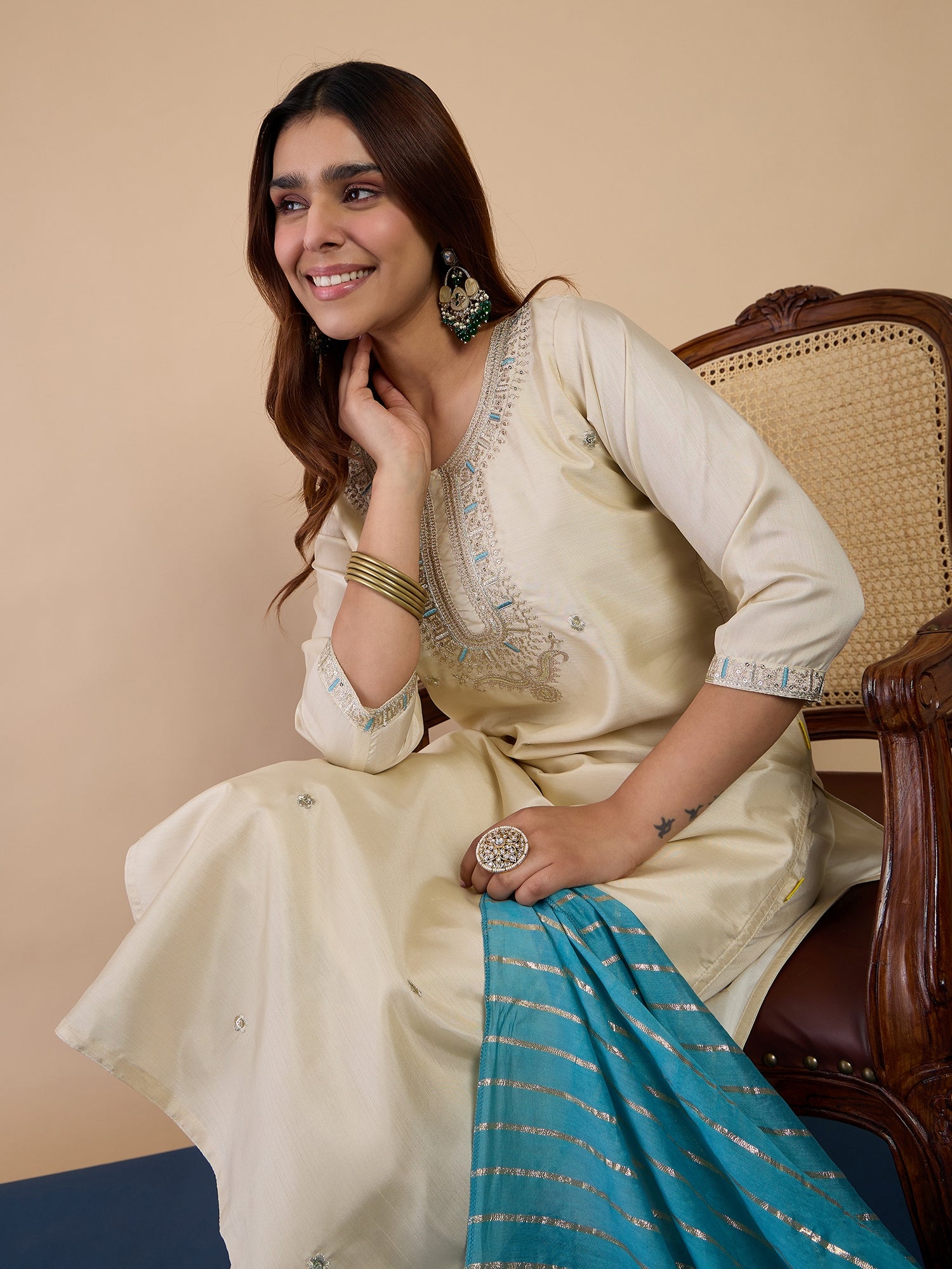 Kavya Women's Cream Festive Kurta Set with Turquoise Zari Striped Dupatta