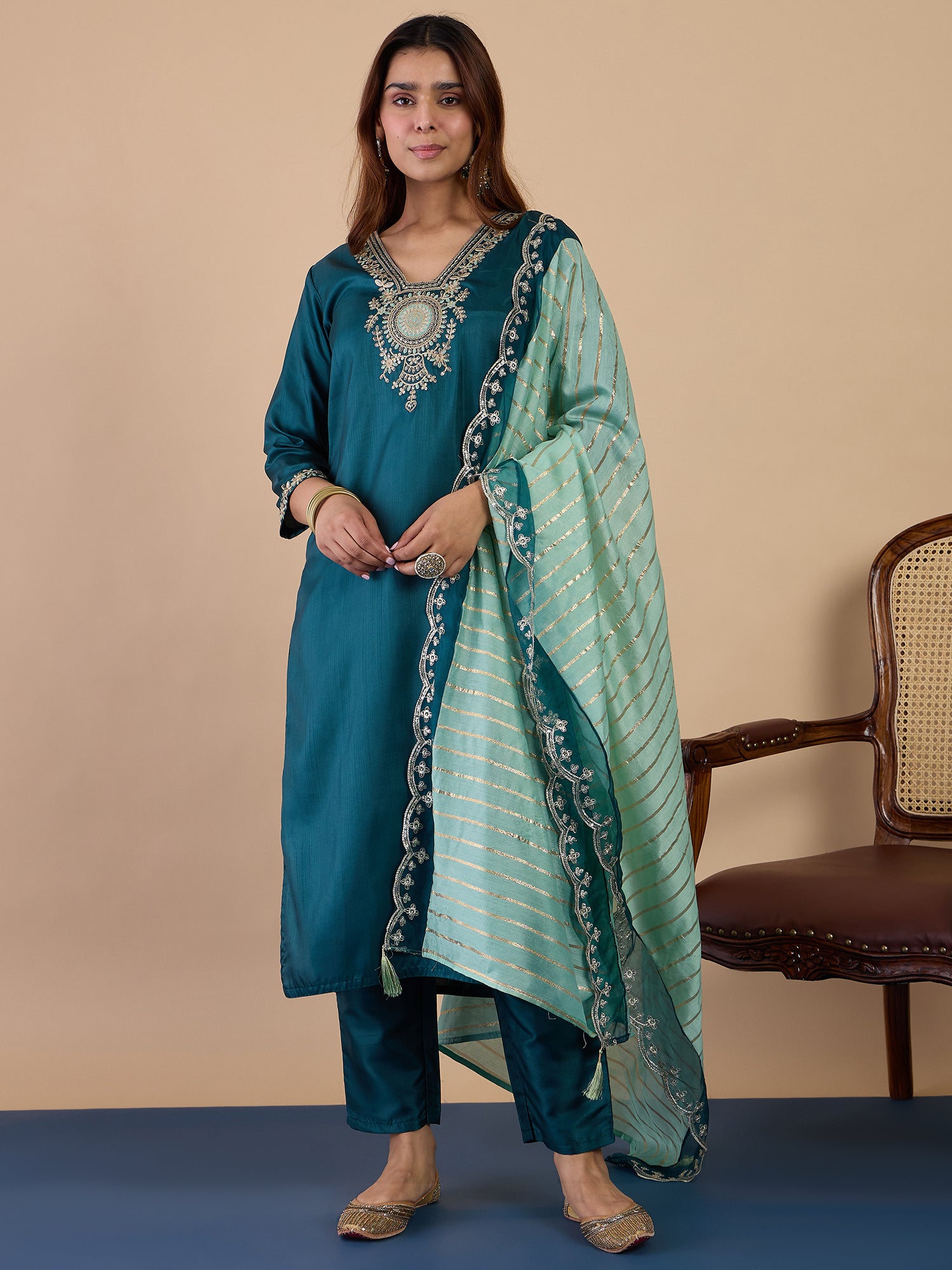 Rangmahal Sea-Green Women's Designer Kurta Pant Set Premium Pattern Collection