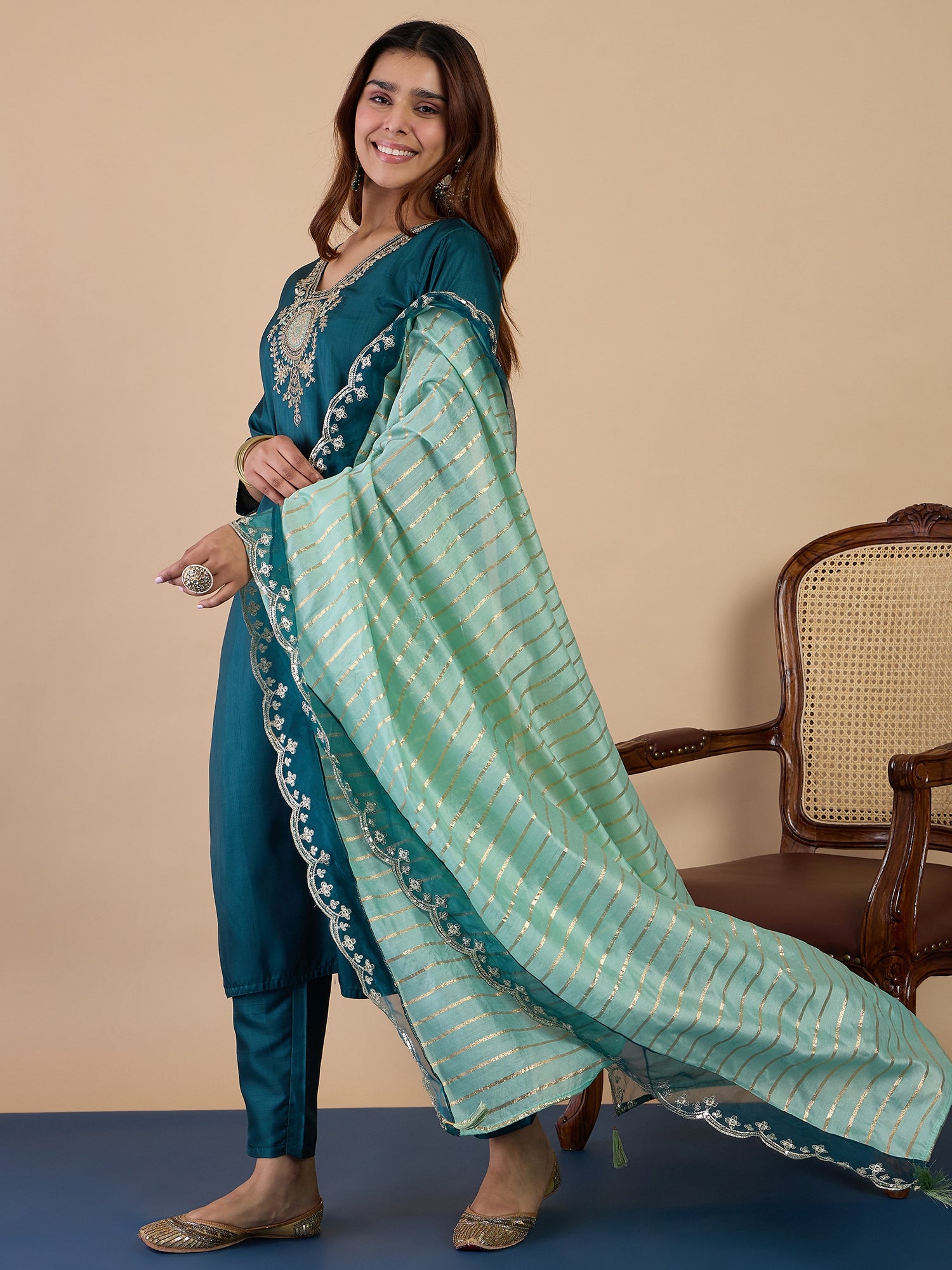 Rangmahal Sea-Green Women's Designer Kurta Pant Set Premium Pattern Collection