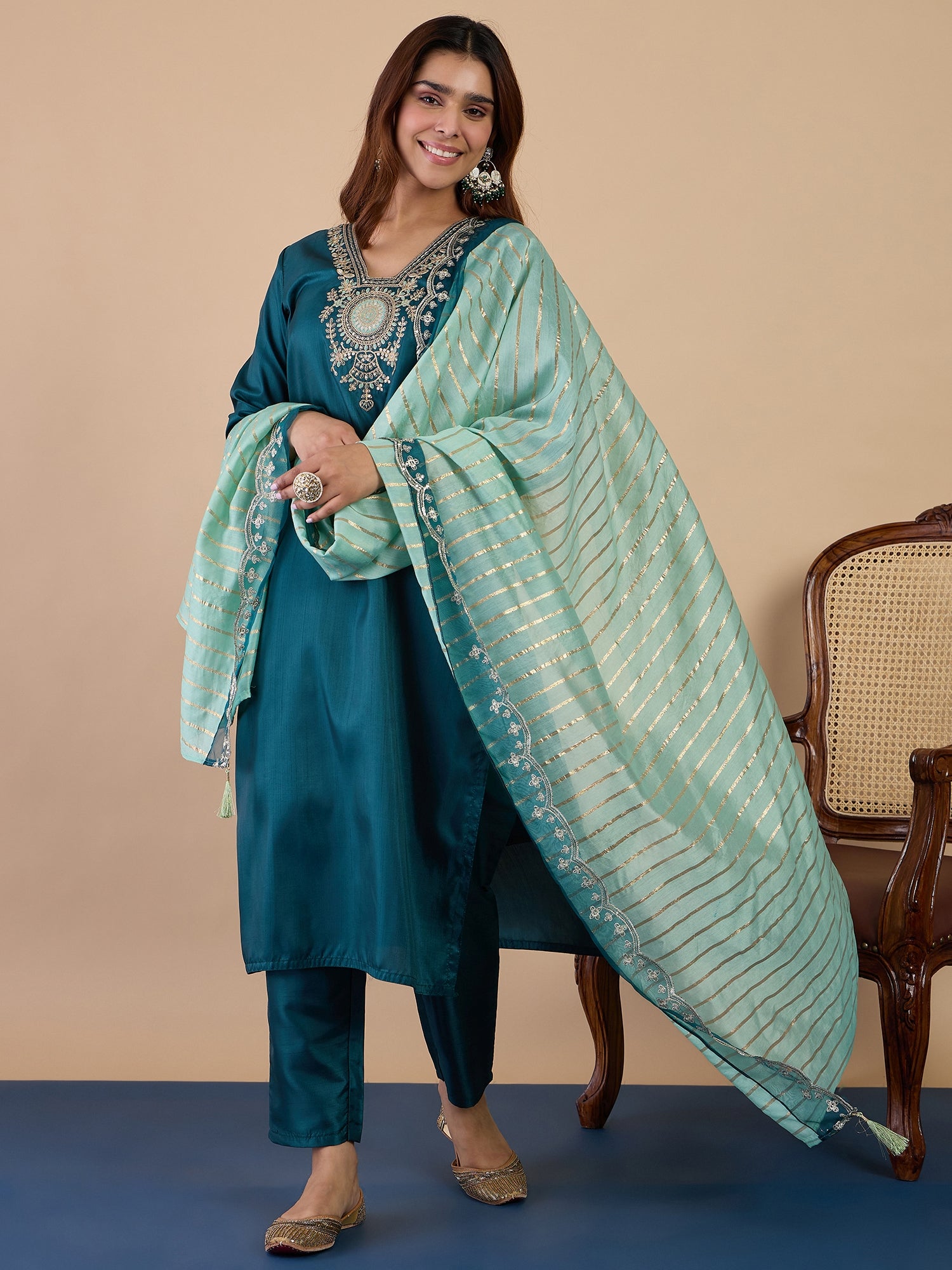 Rangmahal Sea-Green Women's Designer Kurta Pant Set Premium Pattern Collection