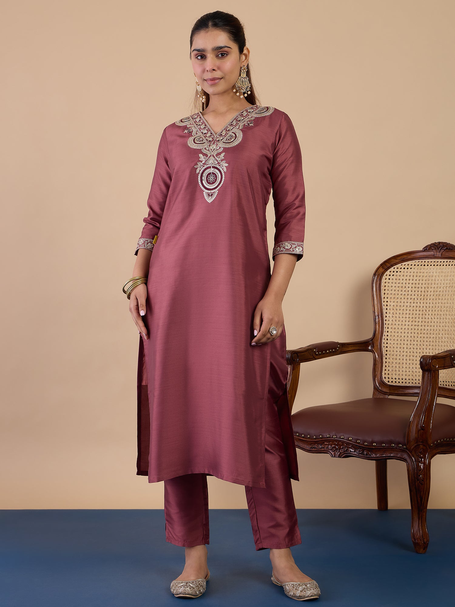 Navya Women's Coffee Floral Embroidered Straight Kurta Set with Dupatta