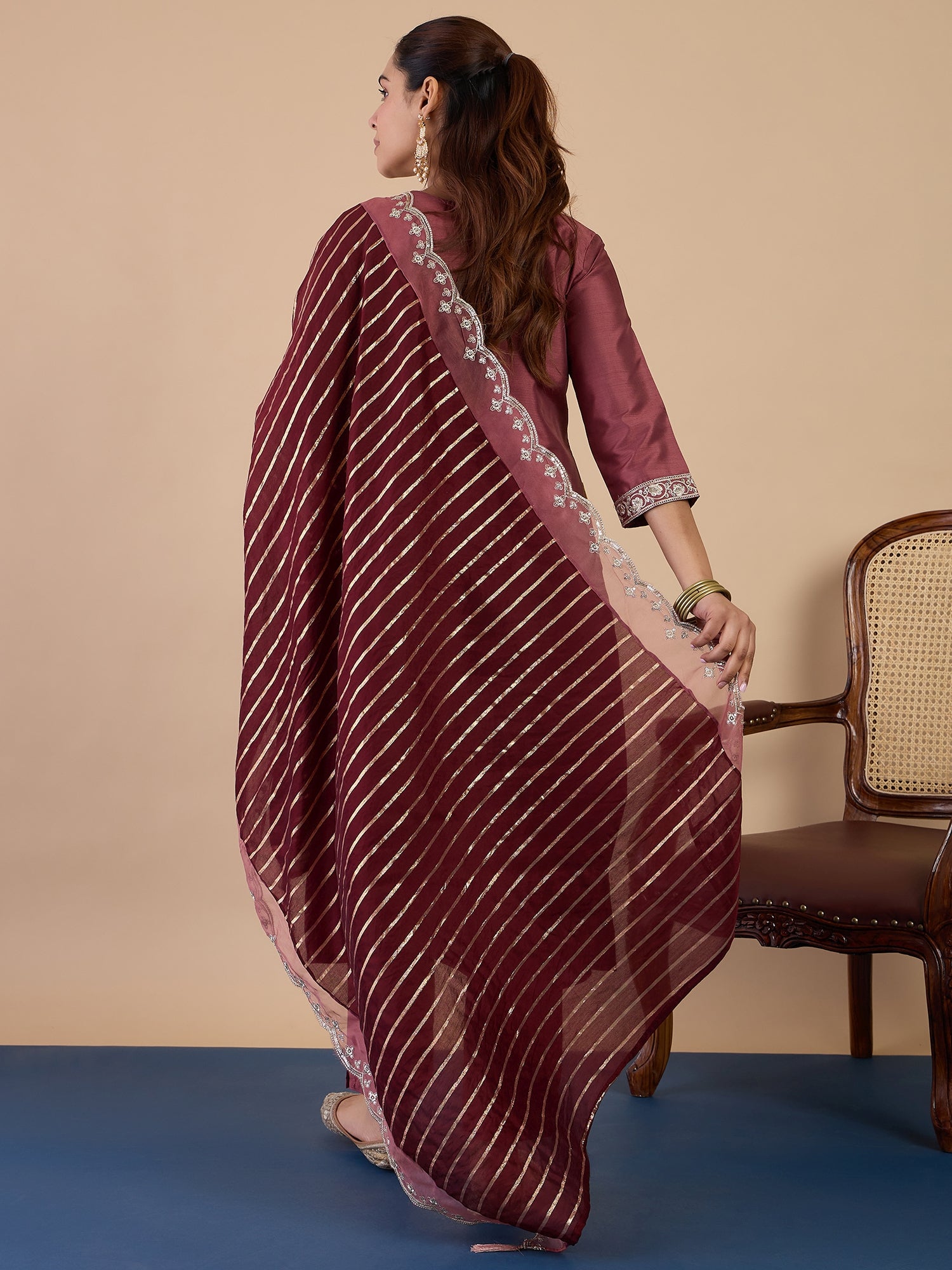 Navya Women's Coffee Floral Embroidered Straight Kurta Set with Dupatta