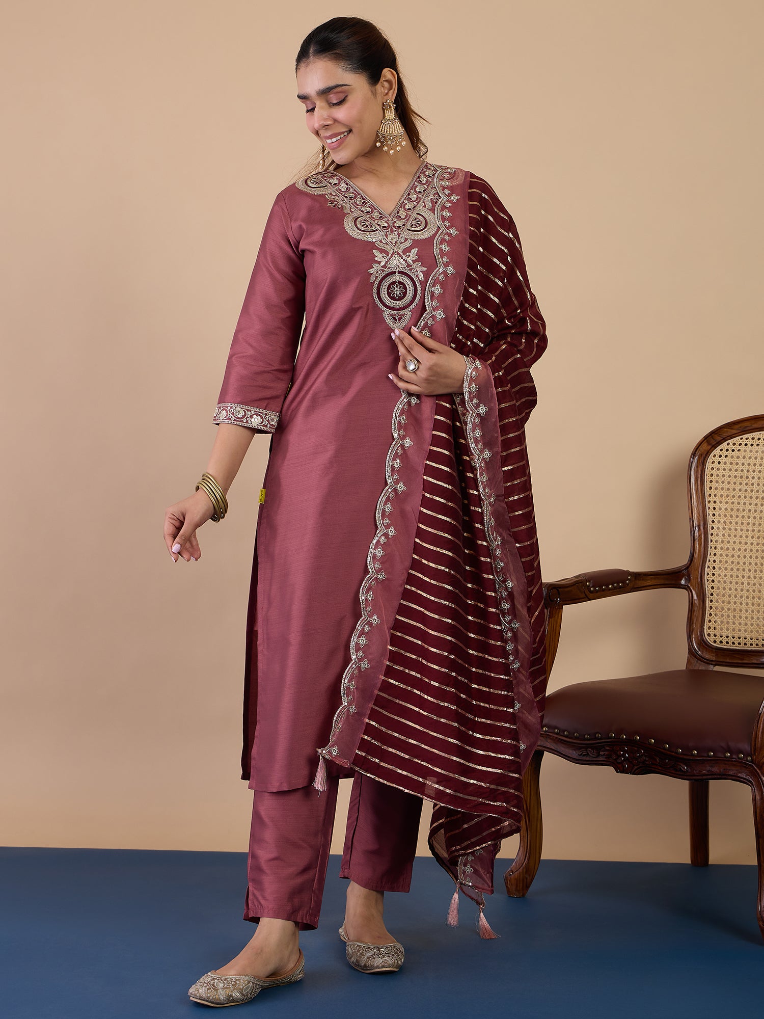 Navya Women's Coffee Floral Embroidered Straight Kurta Set with Dupatta