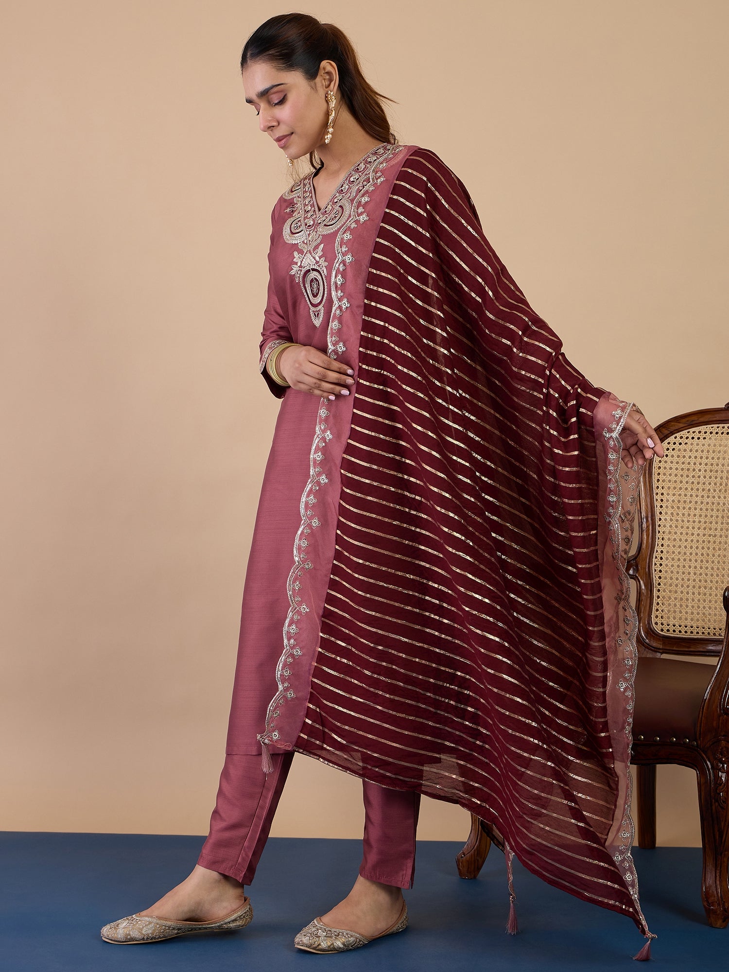 Navya Women's Coffee Floral Embroidered Straight Kurta Set with Dupatta