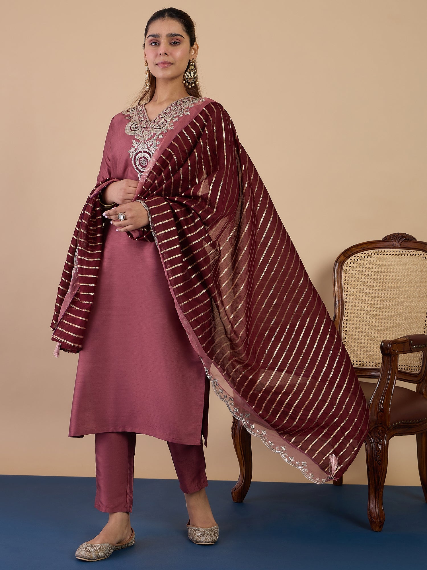 Navya Women's Coffee Floral Embroidered Straight Kurta Set with Dupatta