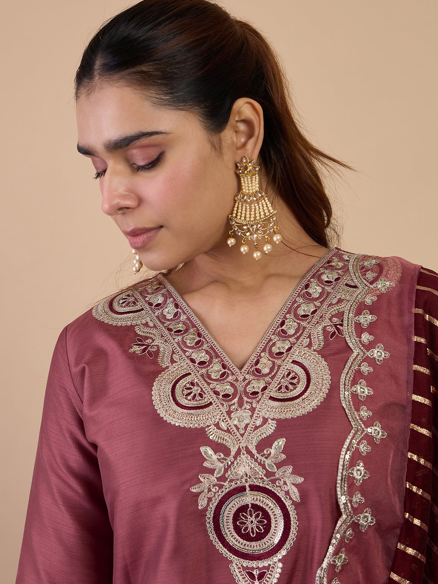 Navya Women's Coffee Floral Embroidered Straight Kurta Set with Dupatta