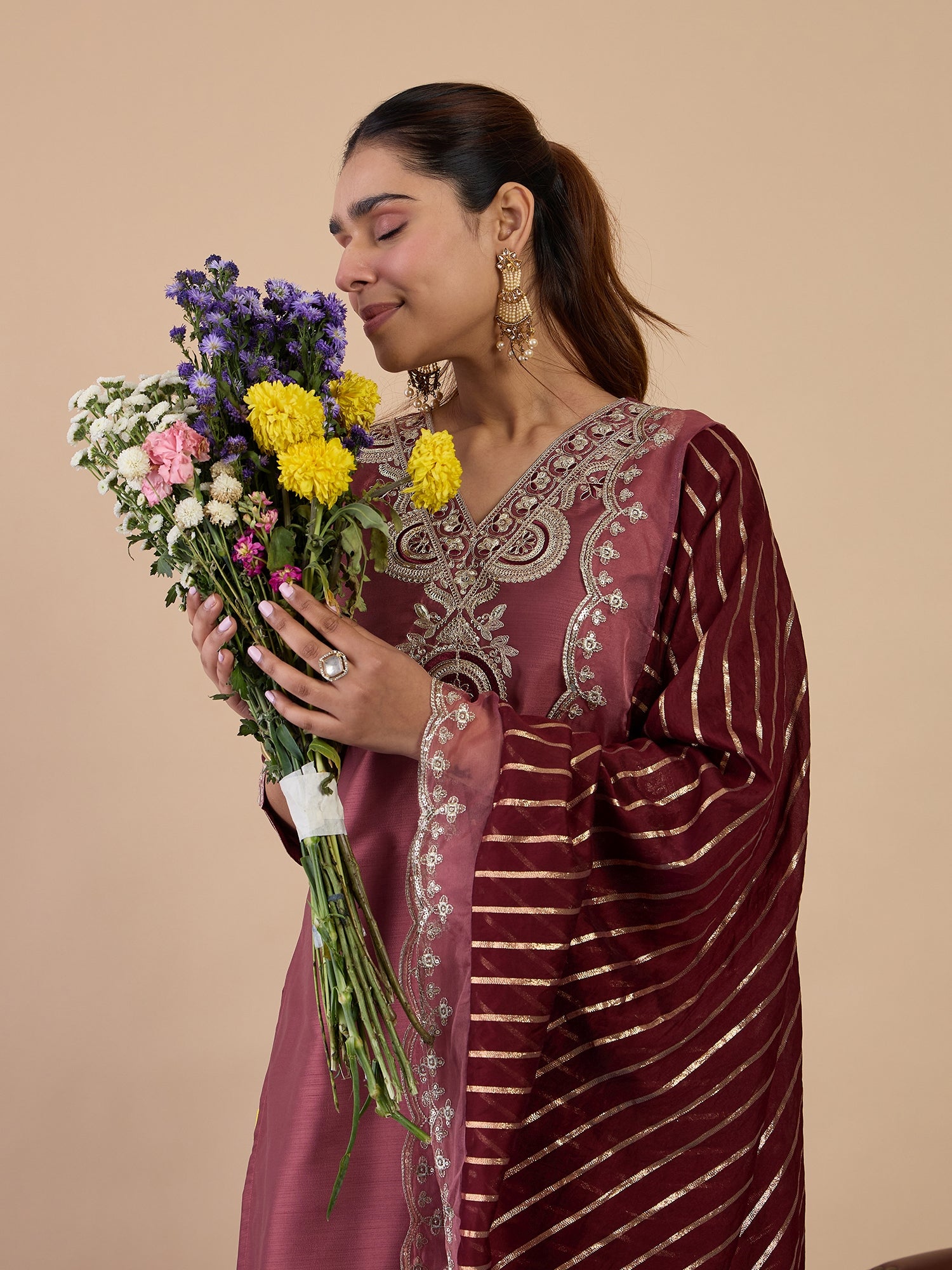 Navya Women's Coffee Floral Embroidered Straight Kurta Set with Dupatta