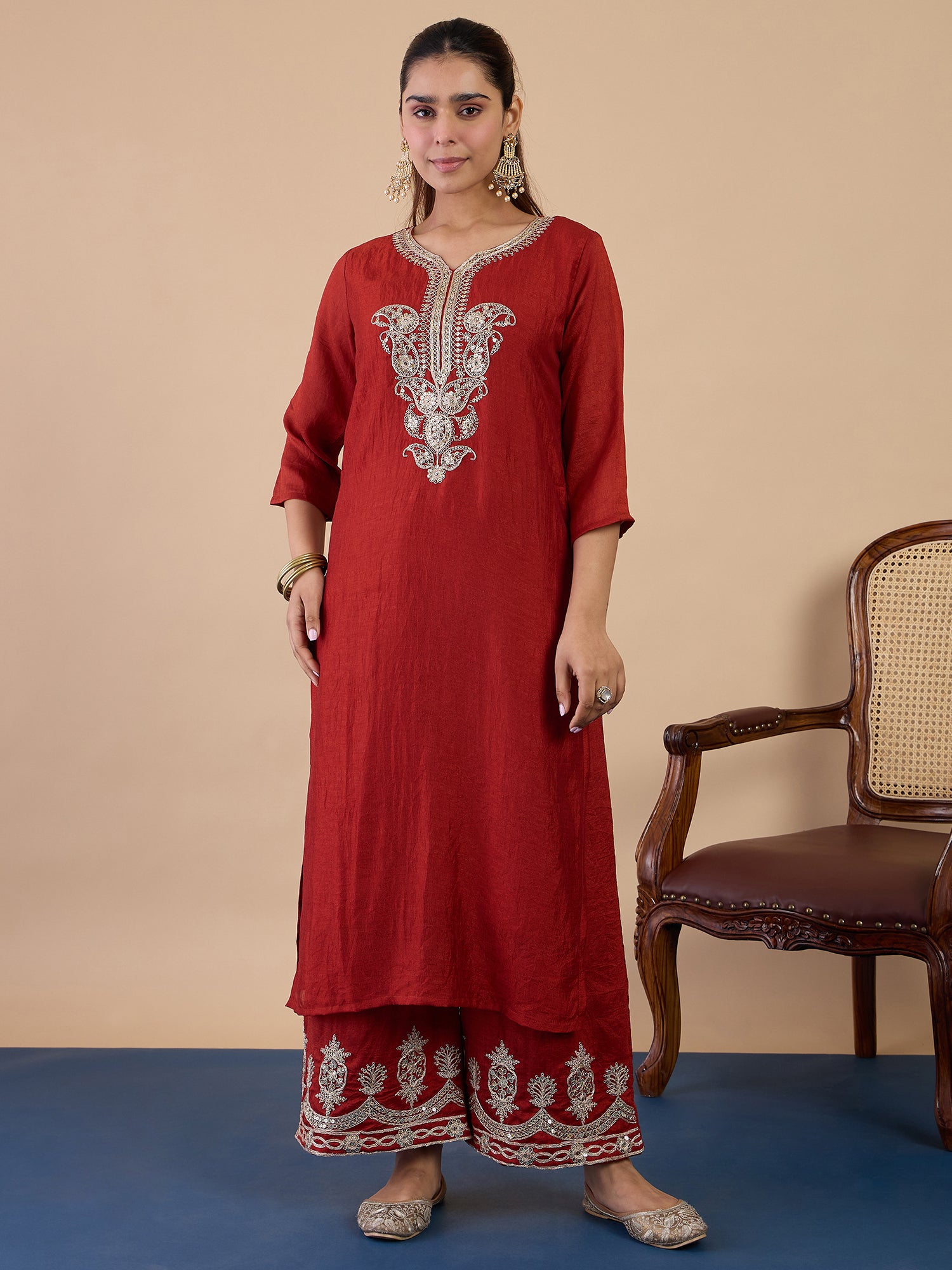 Kiara Women's Rust Festive Zari Work Kurta Set with Border Dupatta