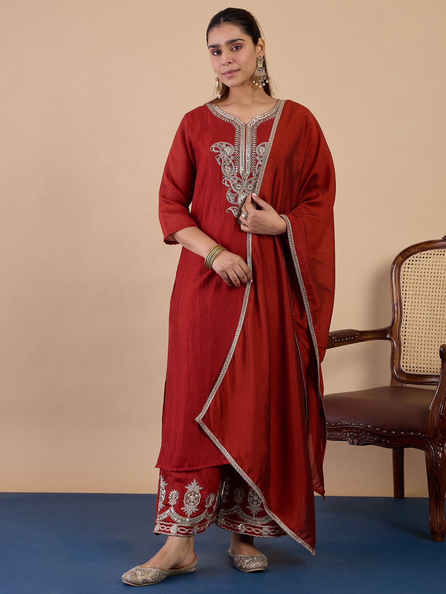 Kiara Women's Rust Festive Zari Work Kurta Set with Border Dupatta