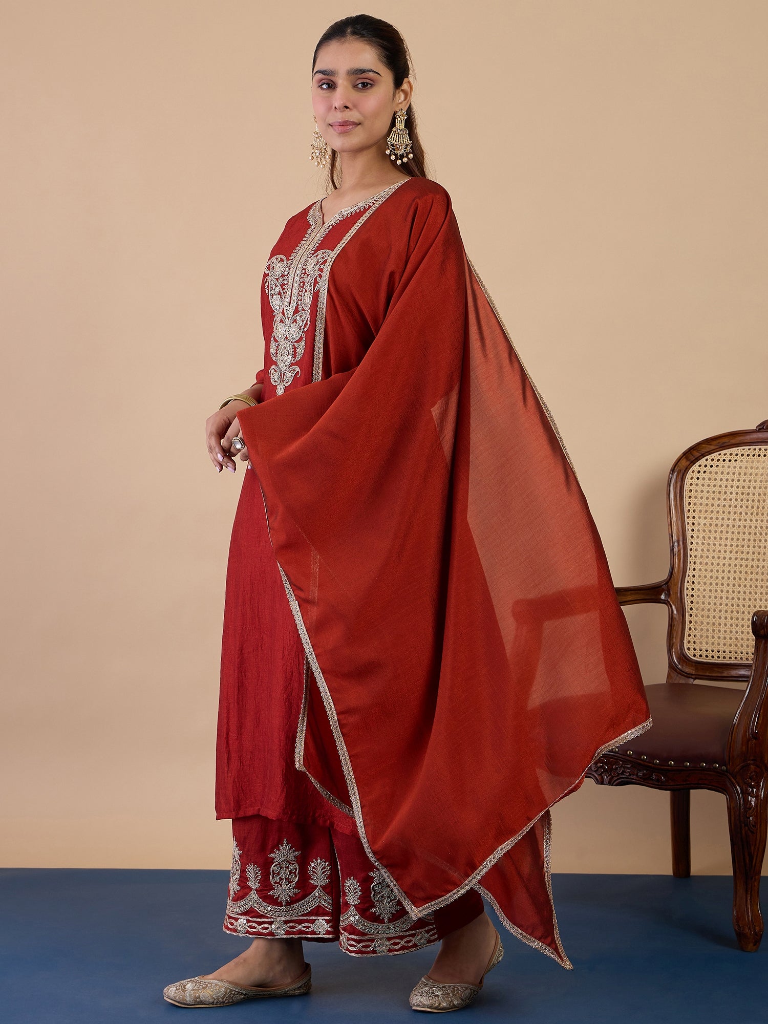 Kiara Women's Rust Festive Zari Work Kurta Set with Border Dupatta