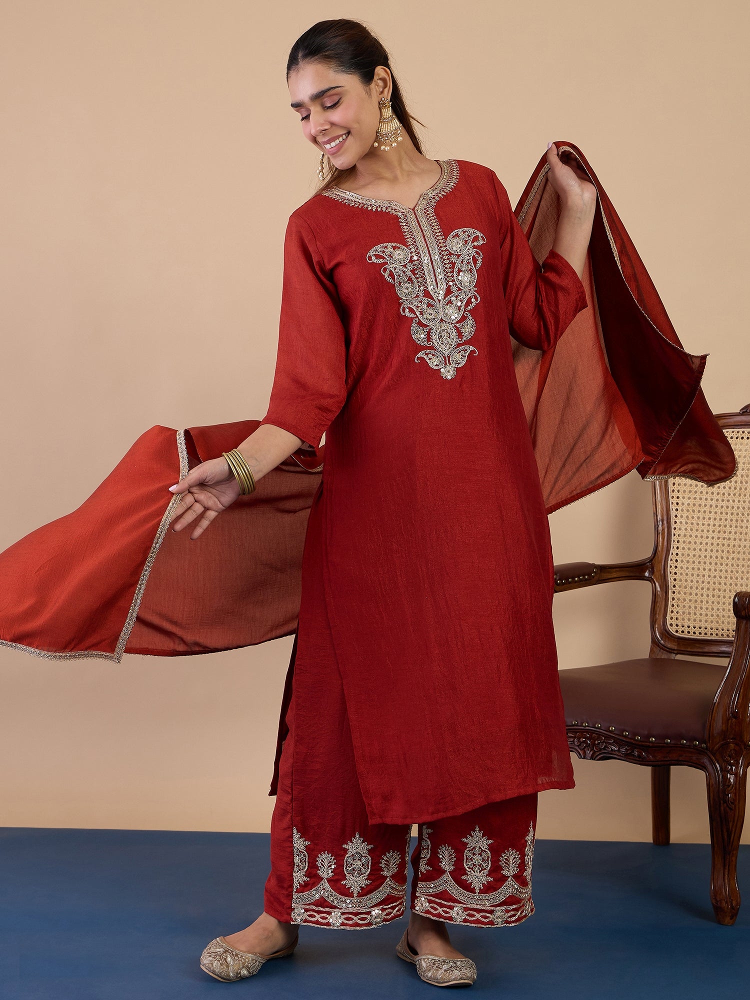 Kiara Women's Rust Festive Zari Work Kurta Set with Border Dupatta