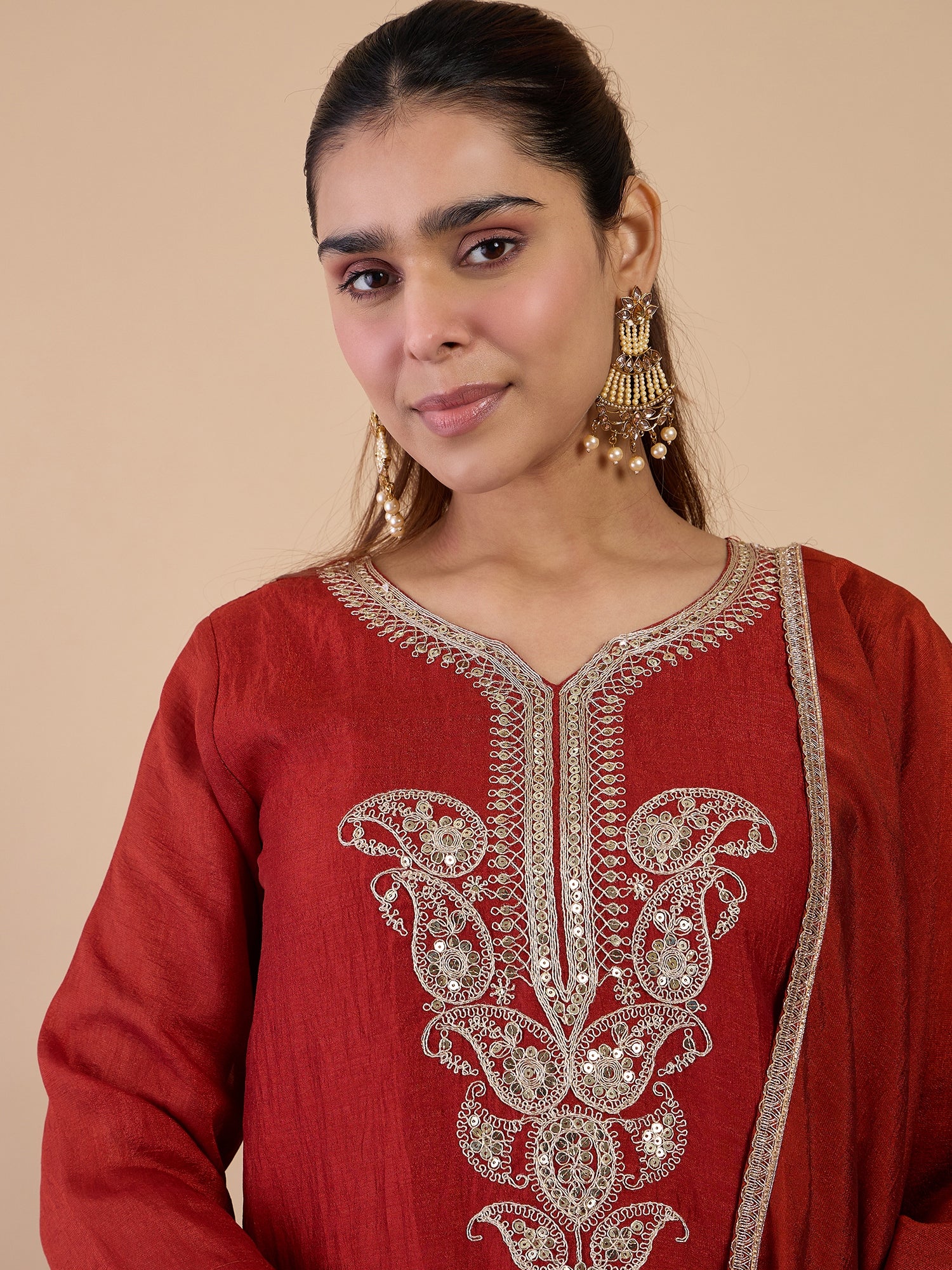 Kiara Women's Rust Festive Zari Work Kurta Set with Border Dupatta