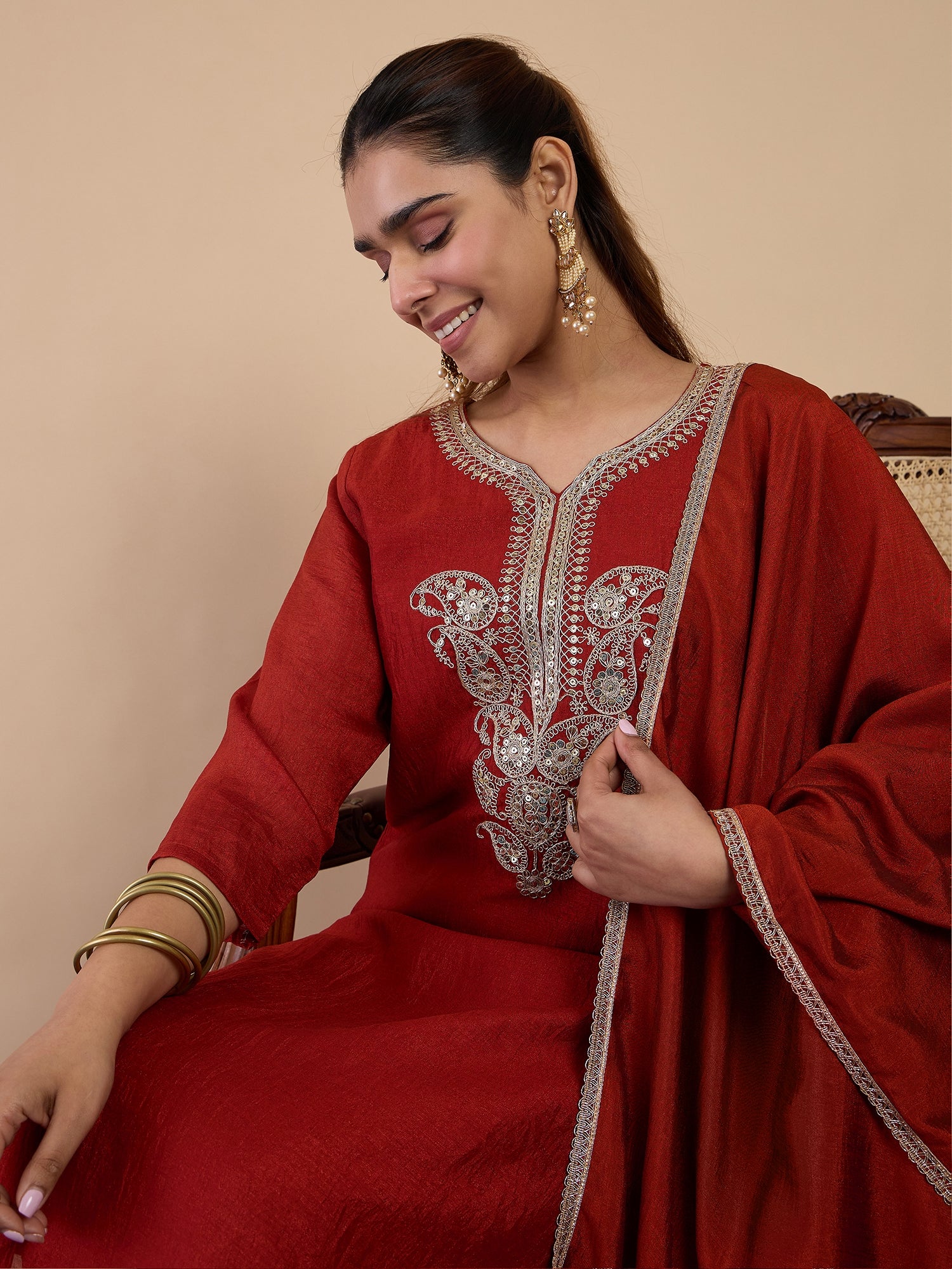 Kiara Women's Rust Festive Zari Work Kurta Set with Border Dupatta