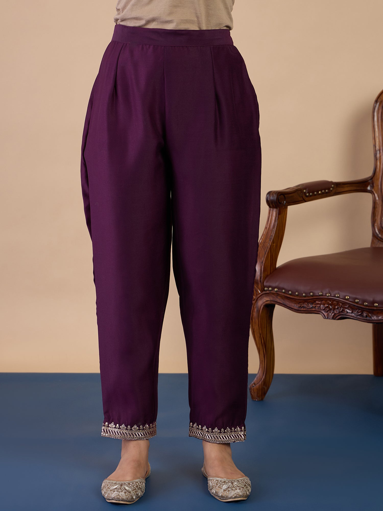 Isha Women's Wine Festive Kurta Set with Sheer Scalloped Border Dupatta
