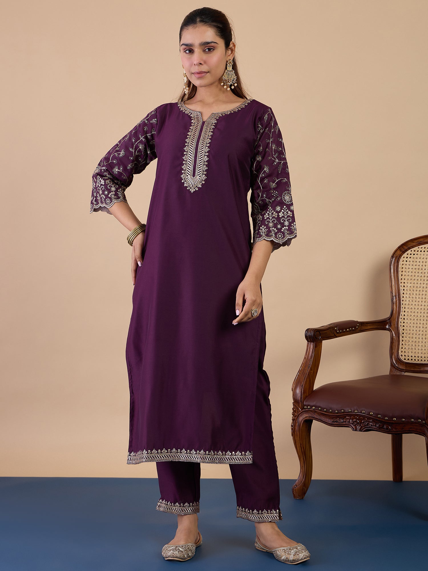 Isha Women's Wine Festive Kurta Set with Sheer Scalloped Border Dupatta