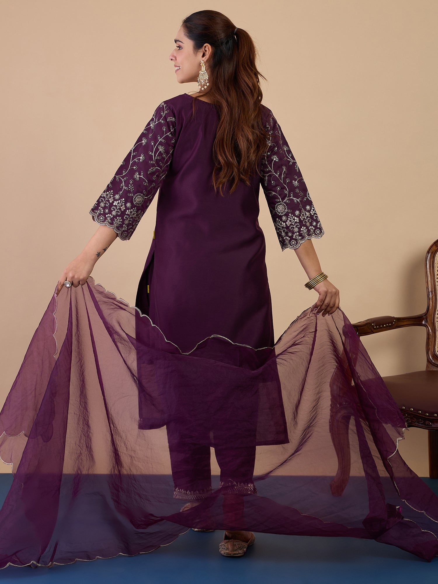 Isha Women's Wine Festive Kurta Set with Sheer Scalloped Border Dupatta
