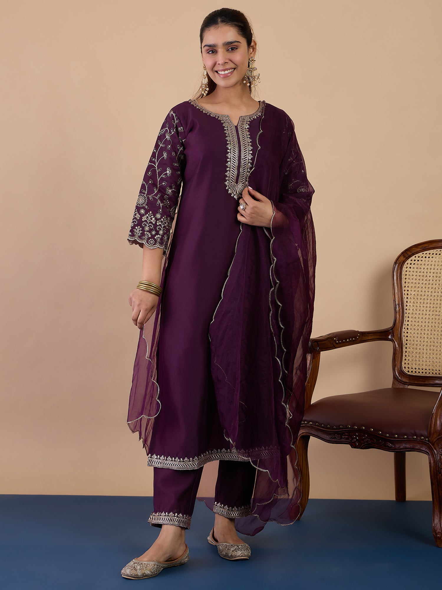 Isha Women's Wine Festive Kurta Set with Sheer Scalloped Border Dupatta