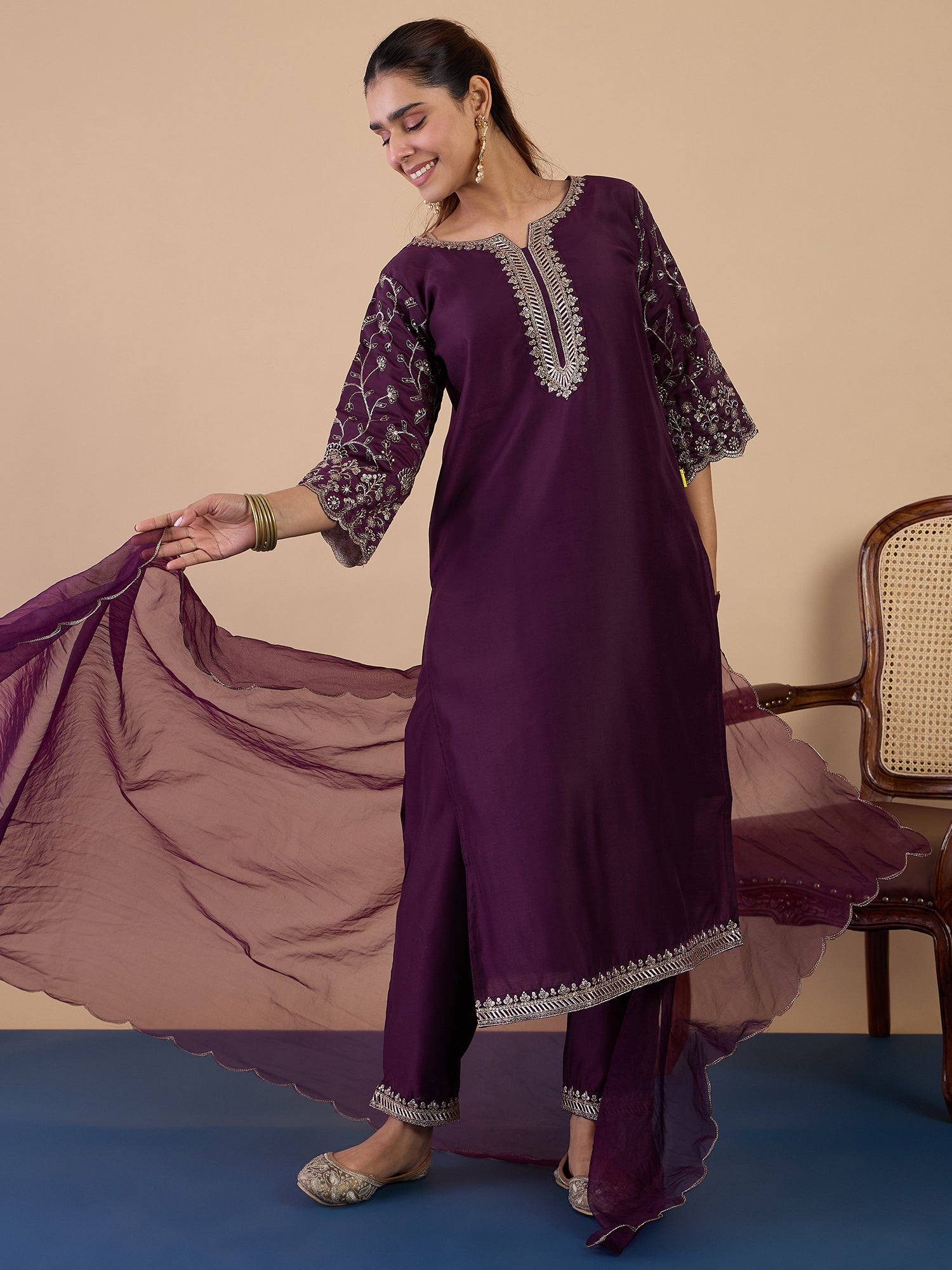 Isha Women's Wine Festive Kurta Set with Sheer Scalloped Border Dupatta
