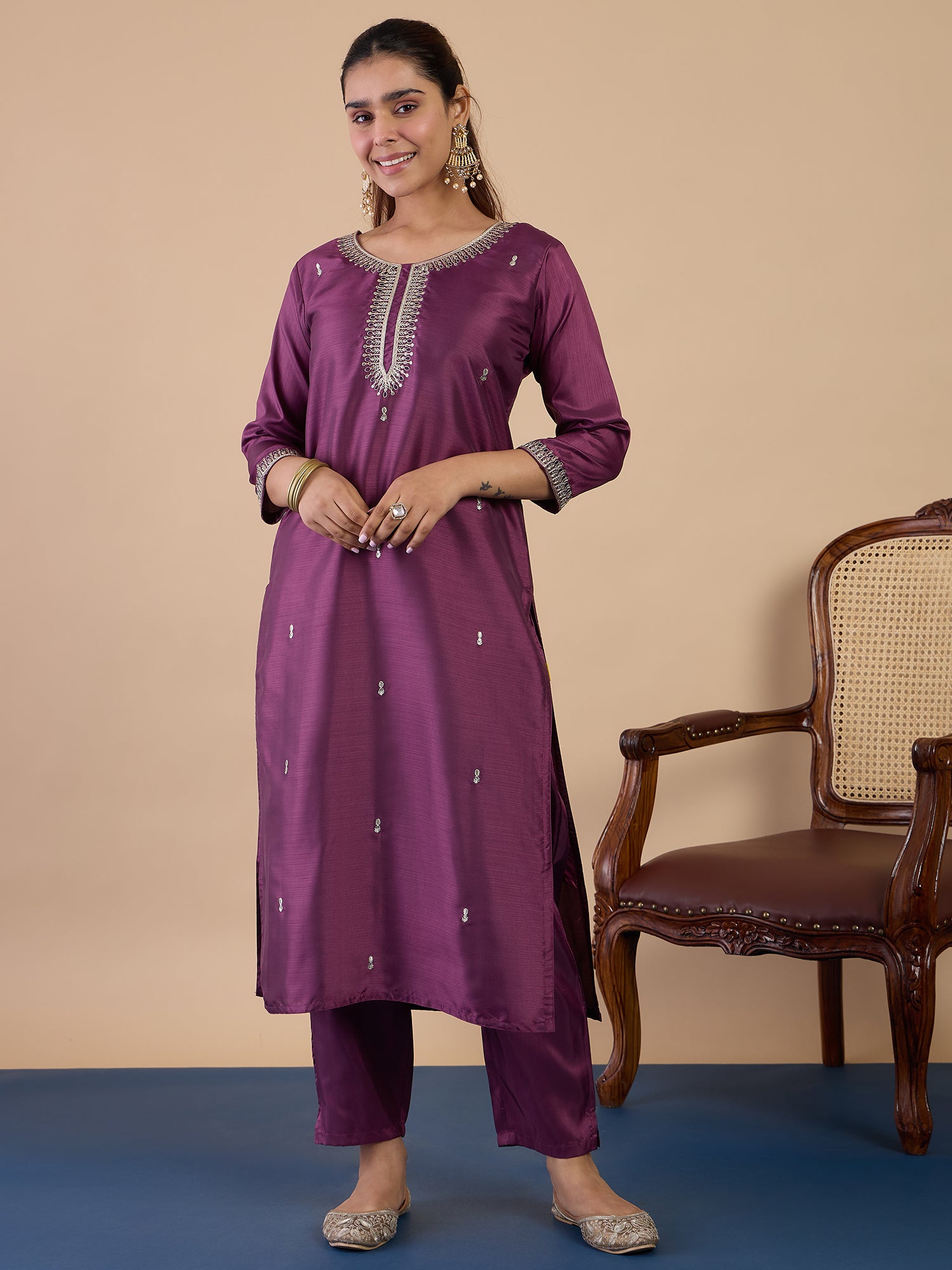 Myra Women's Magenta Festive Embroidered Yoke Straight Kurta Pant Set