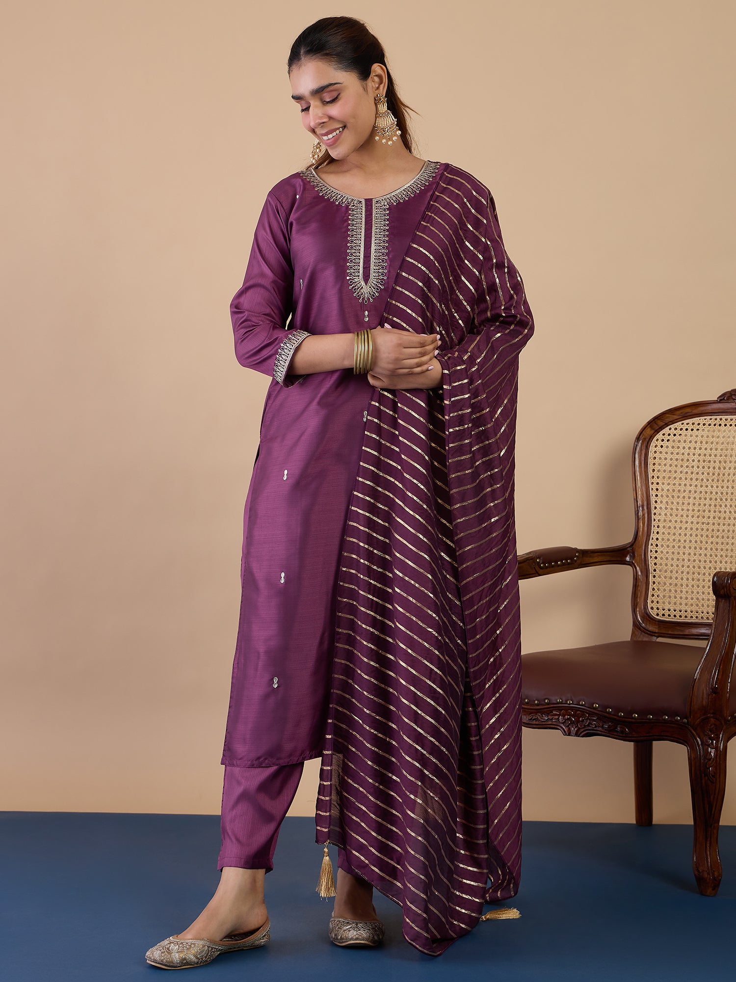 Myra Women's Magenta Festive Embroidered Yoke Straight Kurta Pant Set