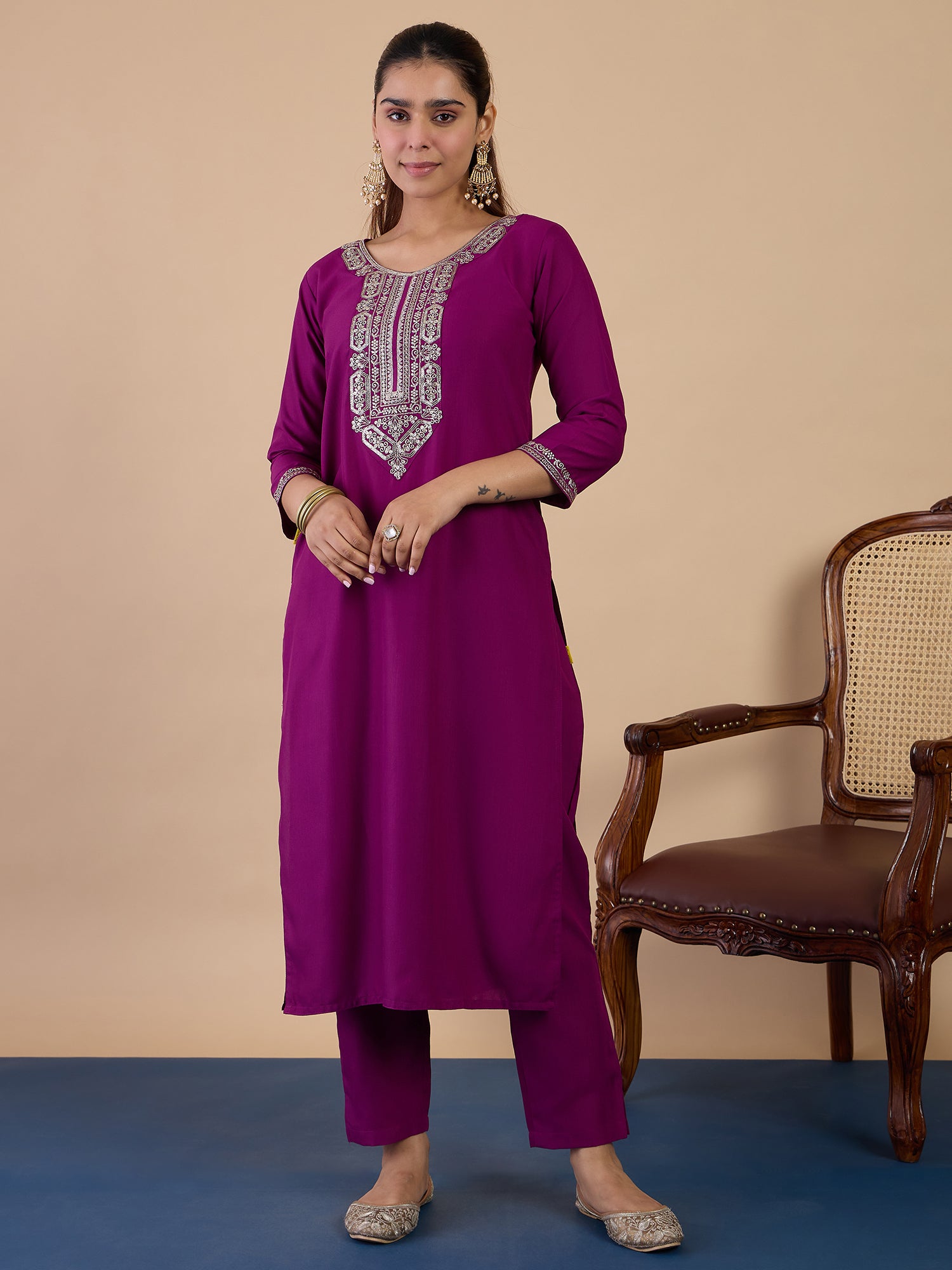 Dia Women's Purple Festive Embroidered Yoke Straight Kurta Pant Set