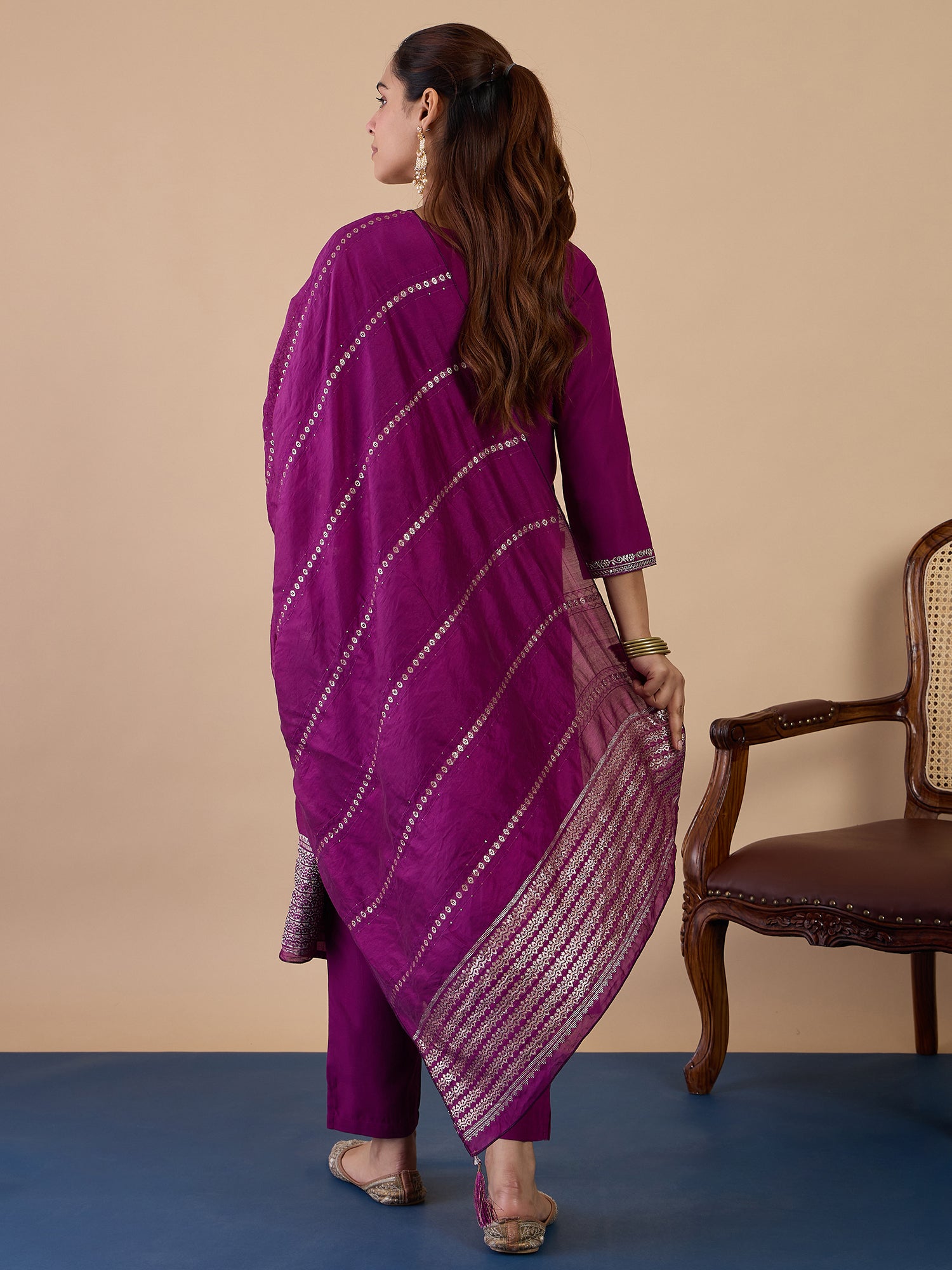 Dia Women's Purple Festive Embroidered Yoke Straight Kurta Pant Set