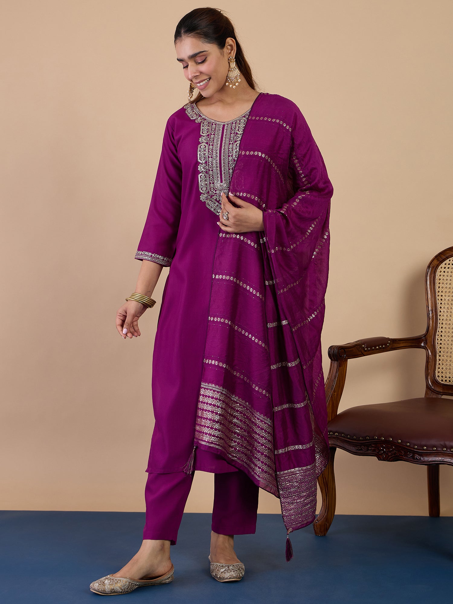 Dia Women's Purple Festive Embroidered Yoke Straight Kurta Pant Set