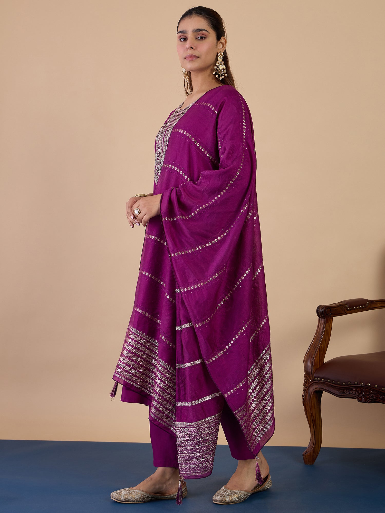 Dia Women's Purple Festive Embroidered Yoke Straight Kurta Pant Set